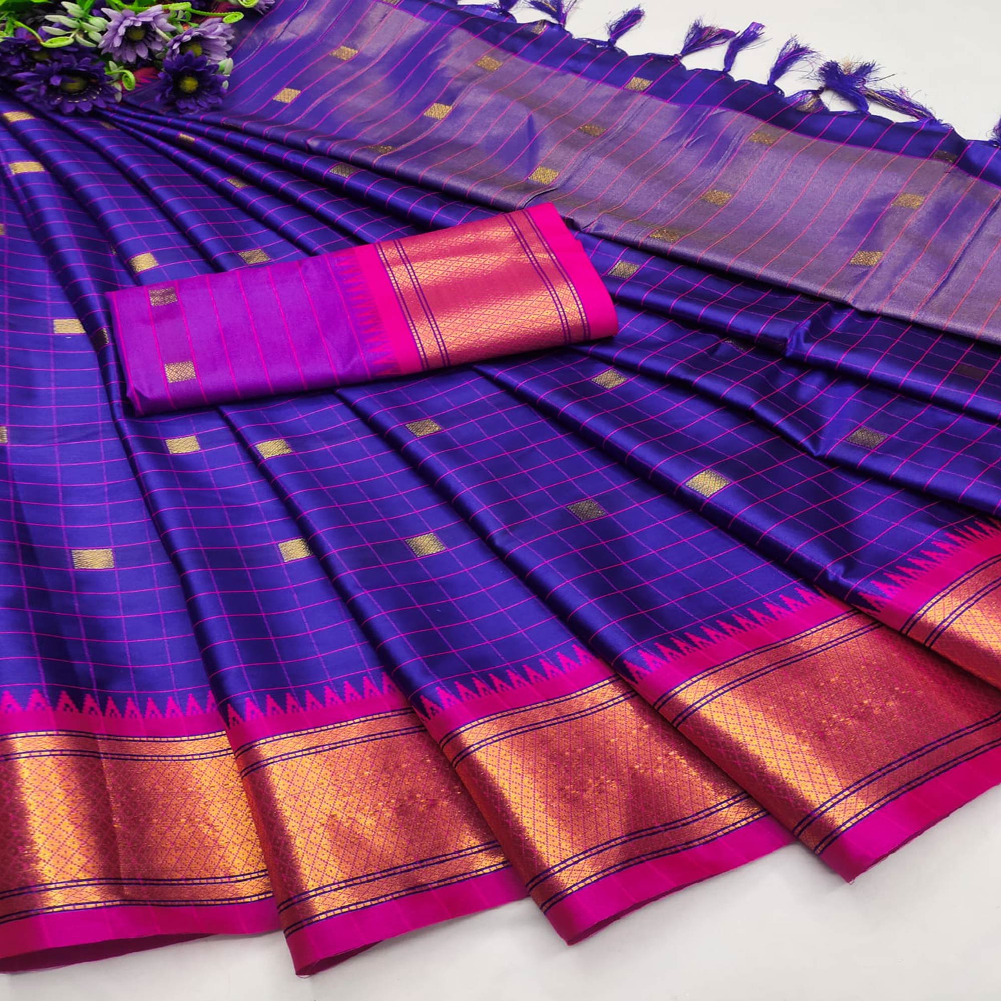 Royal Blue Woven Cotton Silk Saree With Tassels