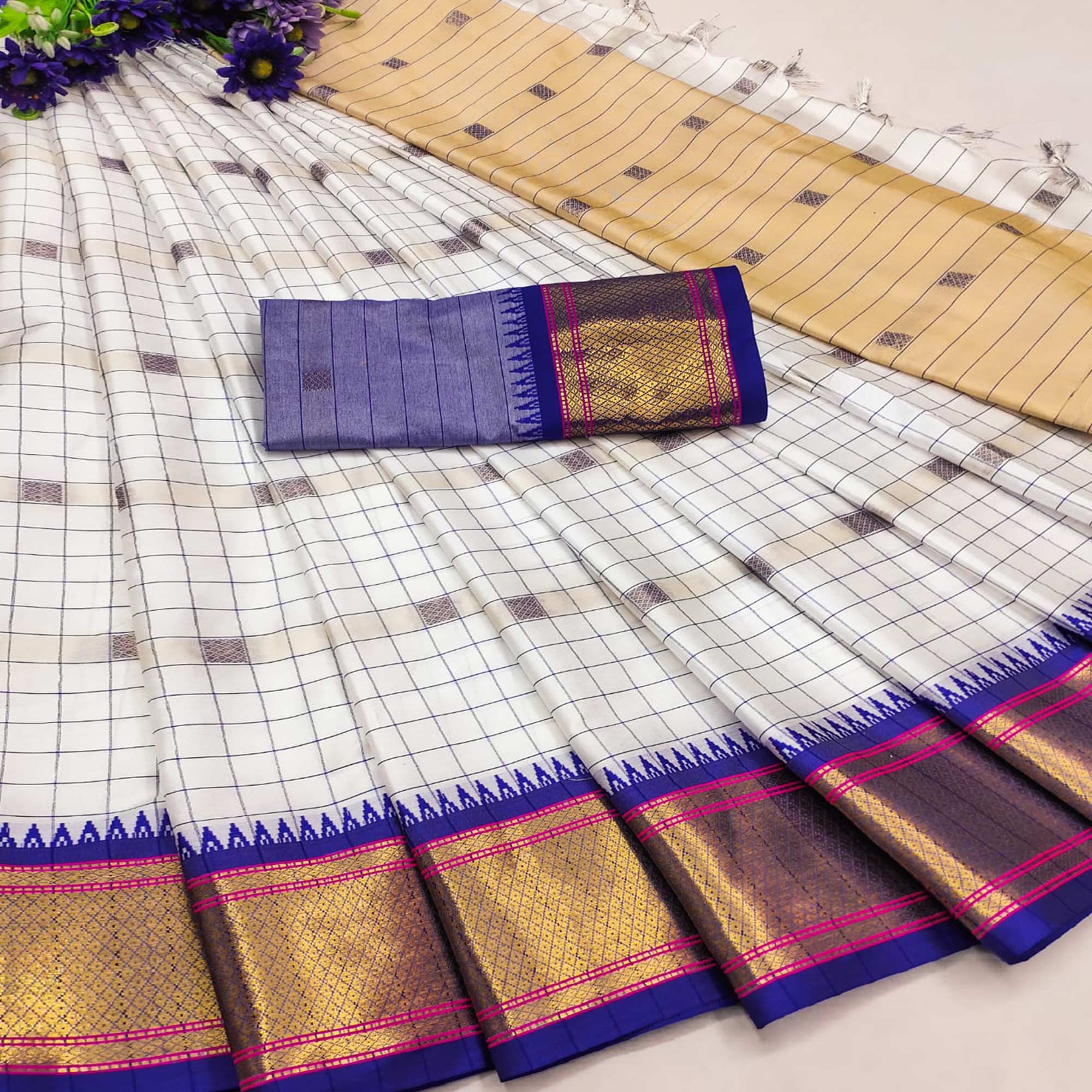 White & Blue Woven Cotton Silk Saree With Tassels
