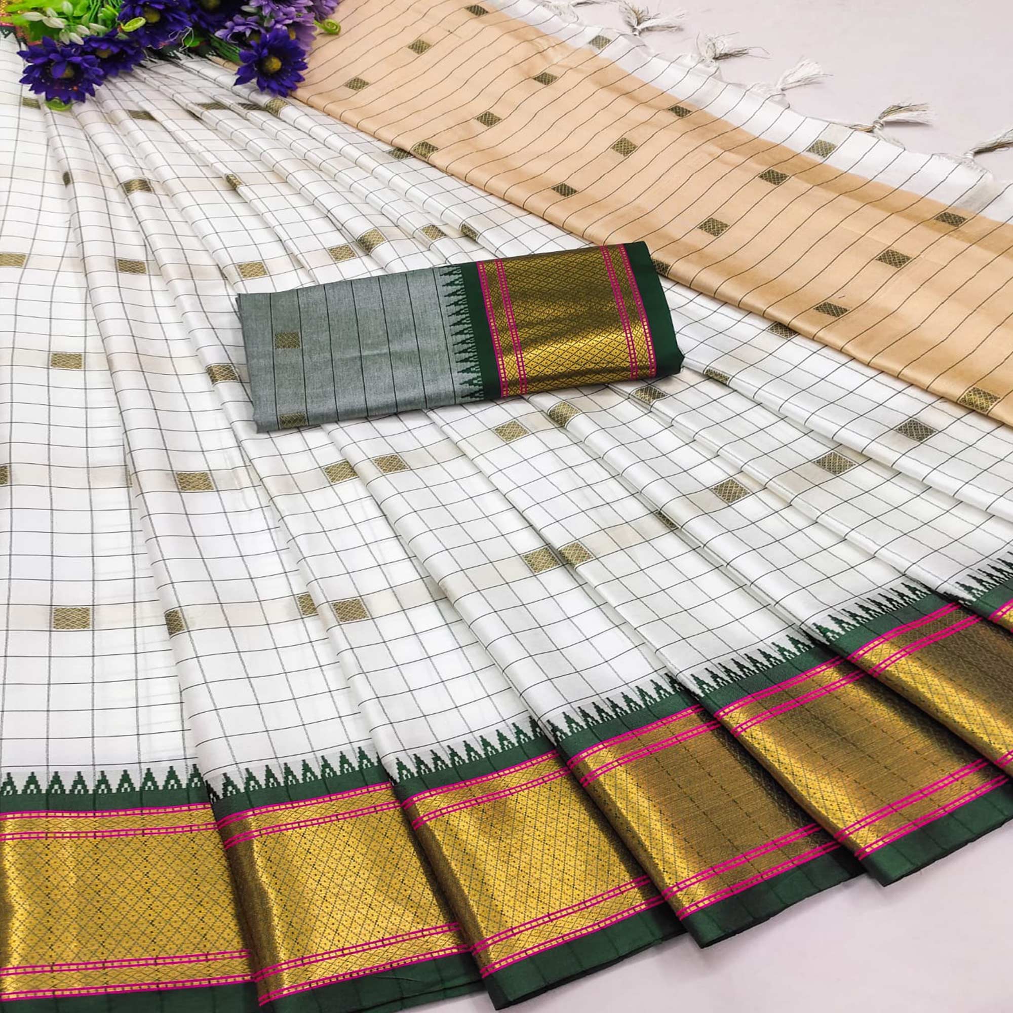 White & Green Woven Cotton Silk Saree With Tassels