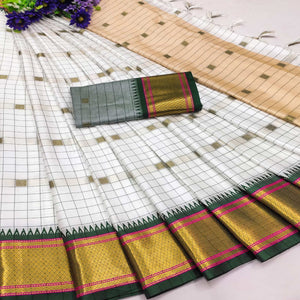White & Green Woven Cotton Silk Saree With Tassels