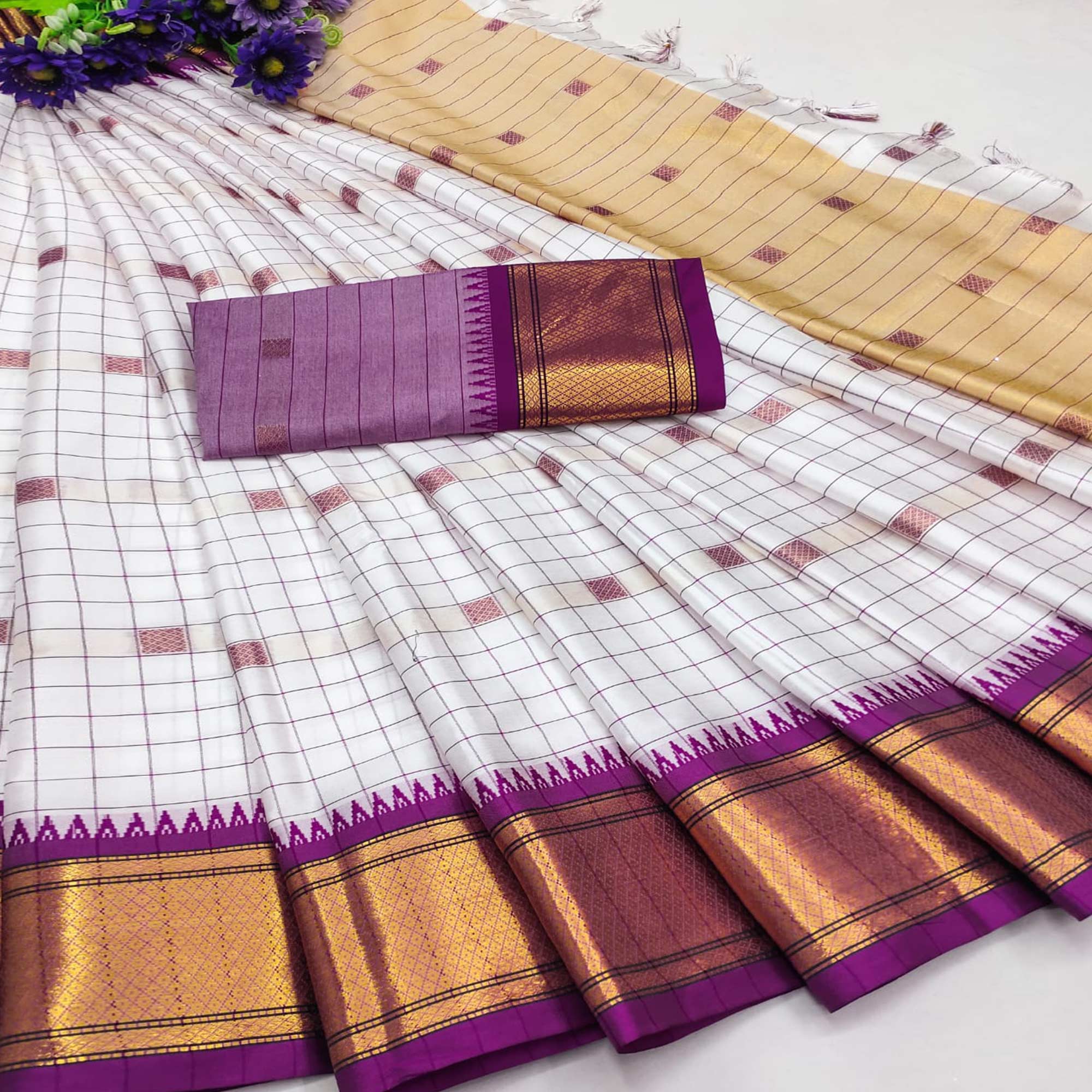 White & Purple Woven Cotton Silk Saree With Tassels