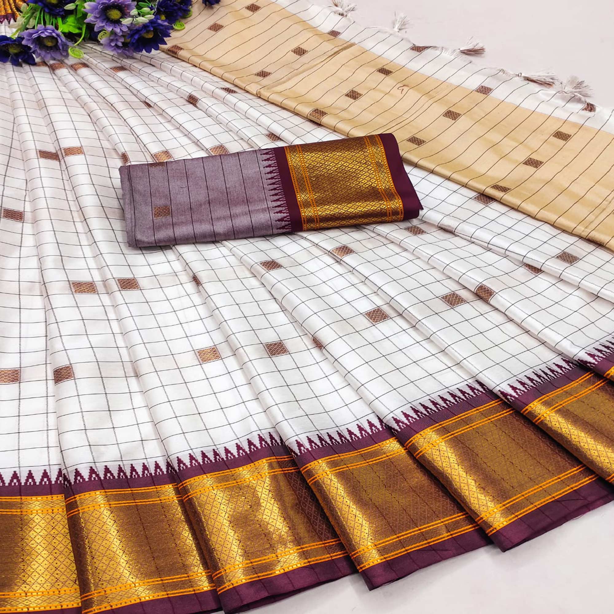 White & Wine Woven Cotton Silk Saree With Tassels