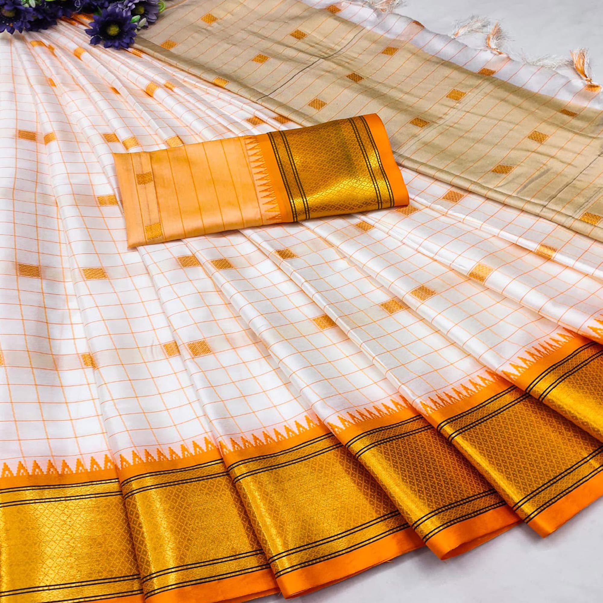White & Yellow Woven Cotton Silk Saree With Tassels