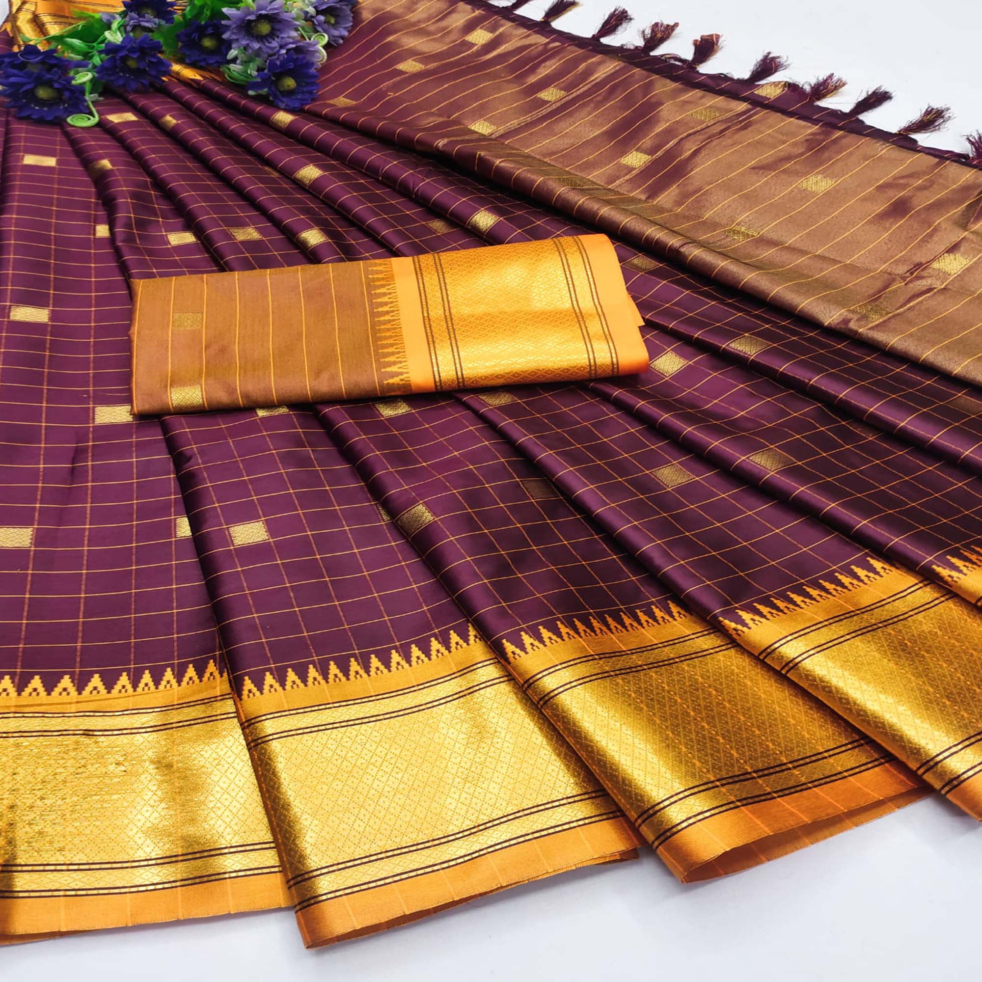 Wine Woven Cotton Silk Saree With Tassels