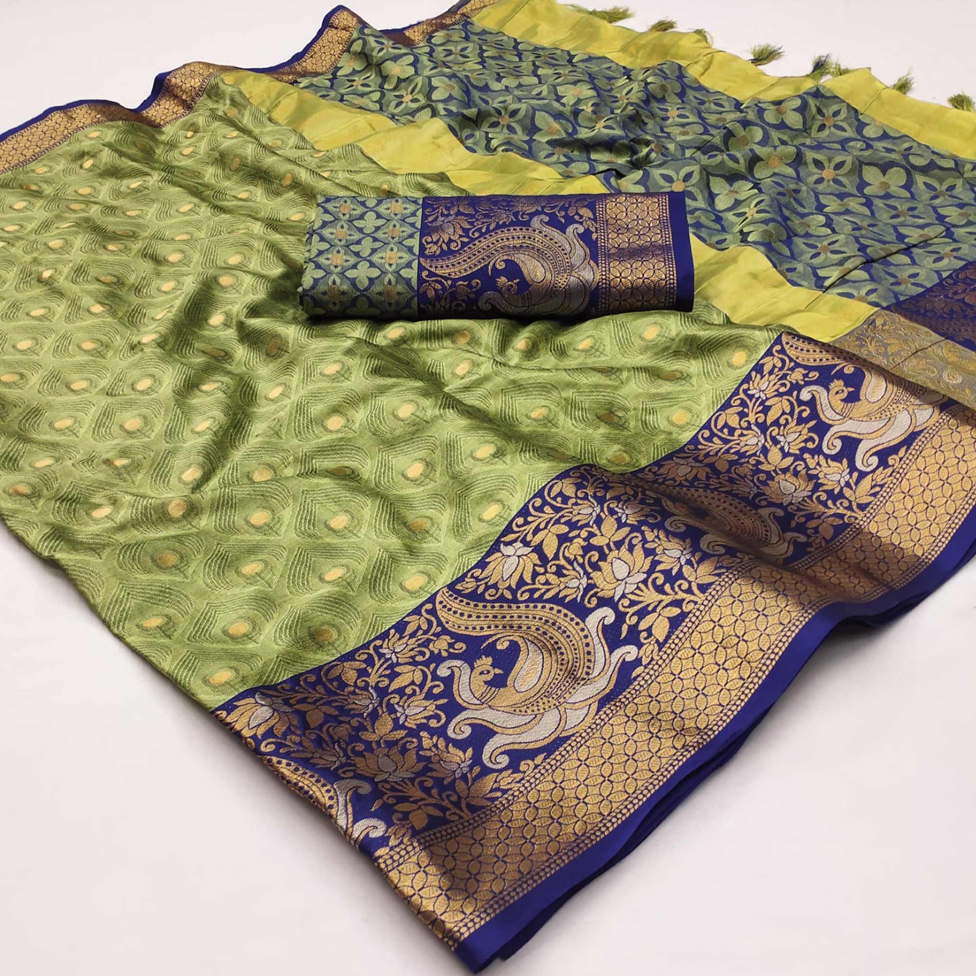 Pista Green Woven Cotton Silk Saree With Tassels