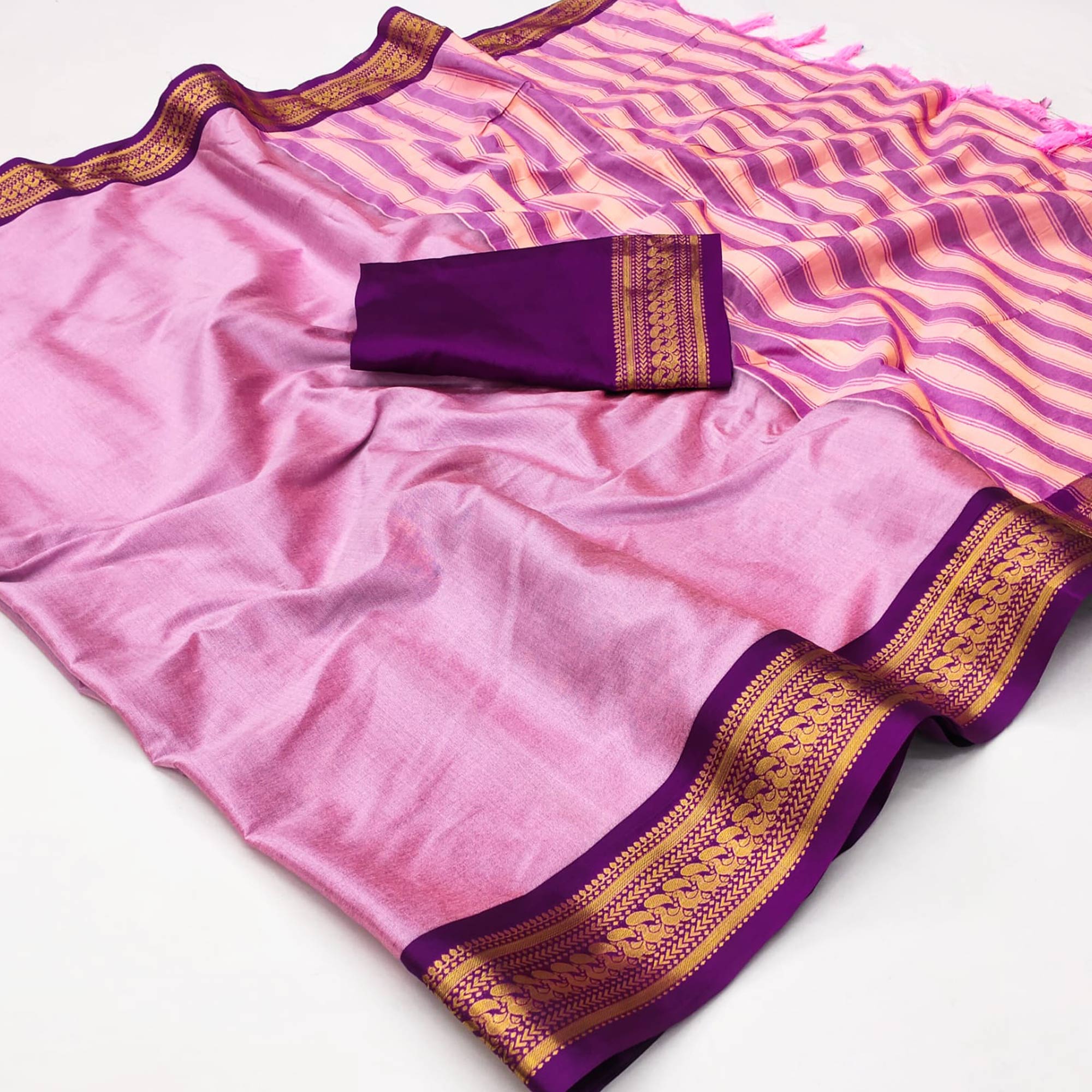 Baby Pink Solid Cotton Silk Saree With Jacquard Border