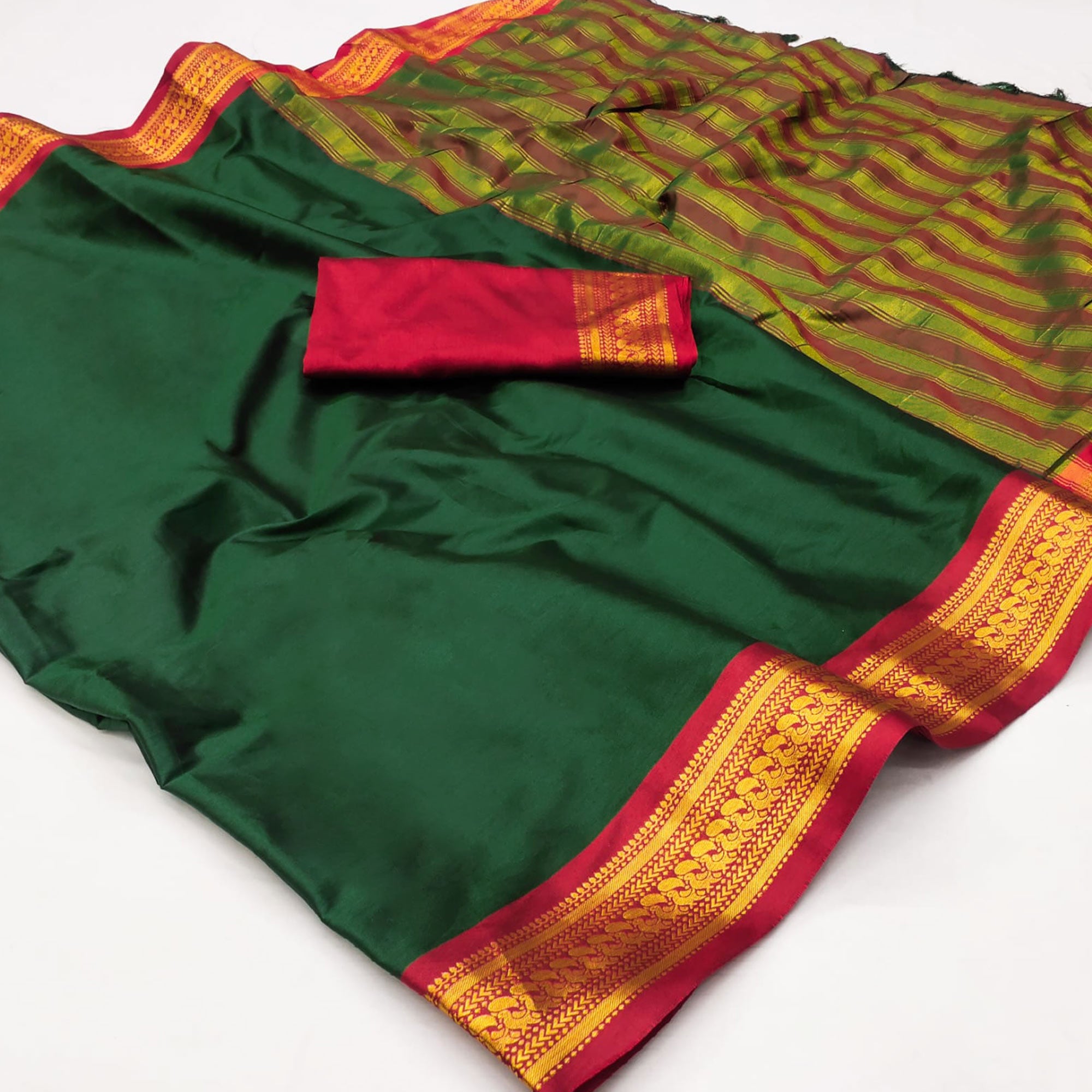 Bottle Green Solid Cotton Silk Saree With Jacquard Border