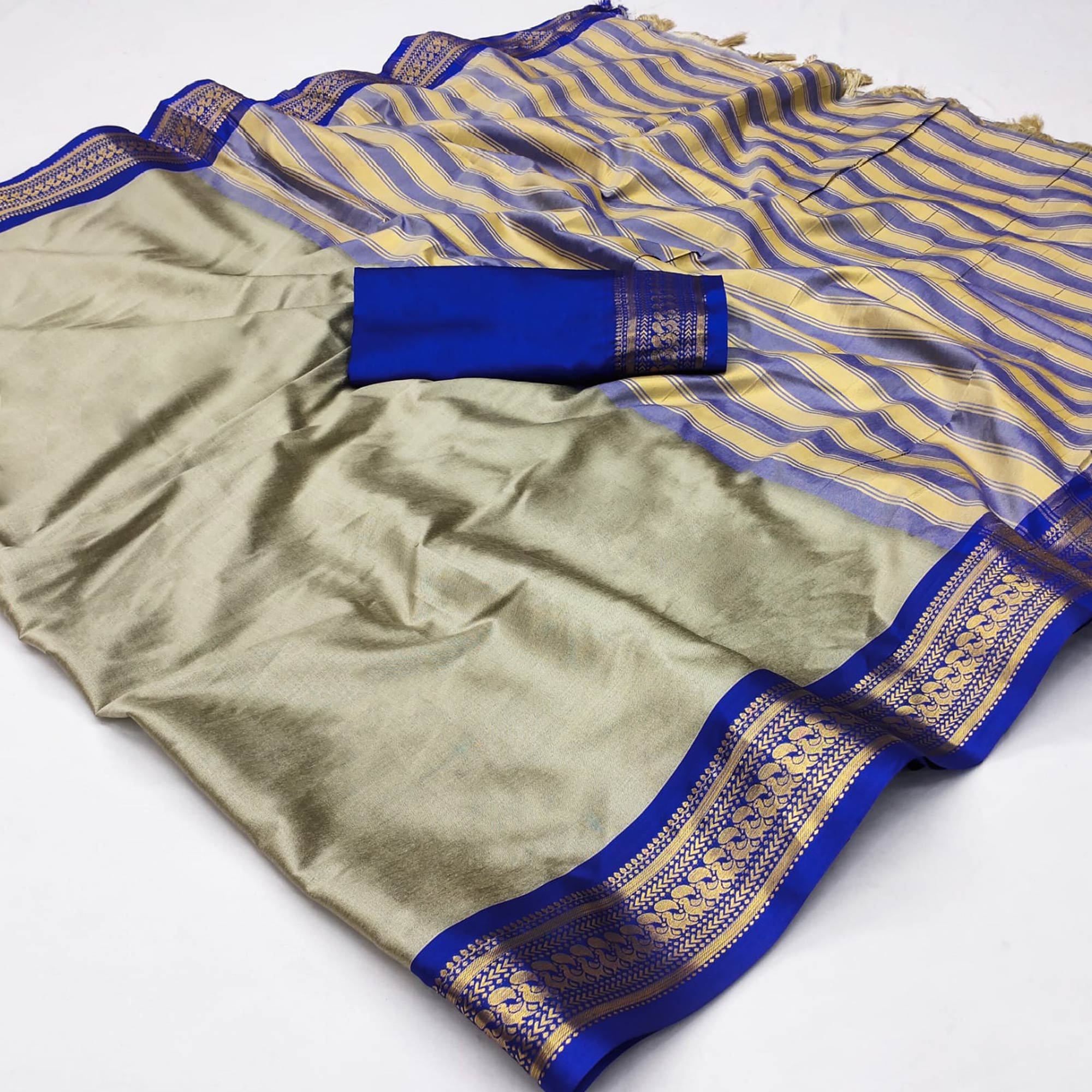 Chikoo & Blue Solid Cotton Silk Saree With Jacquard Border