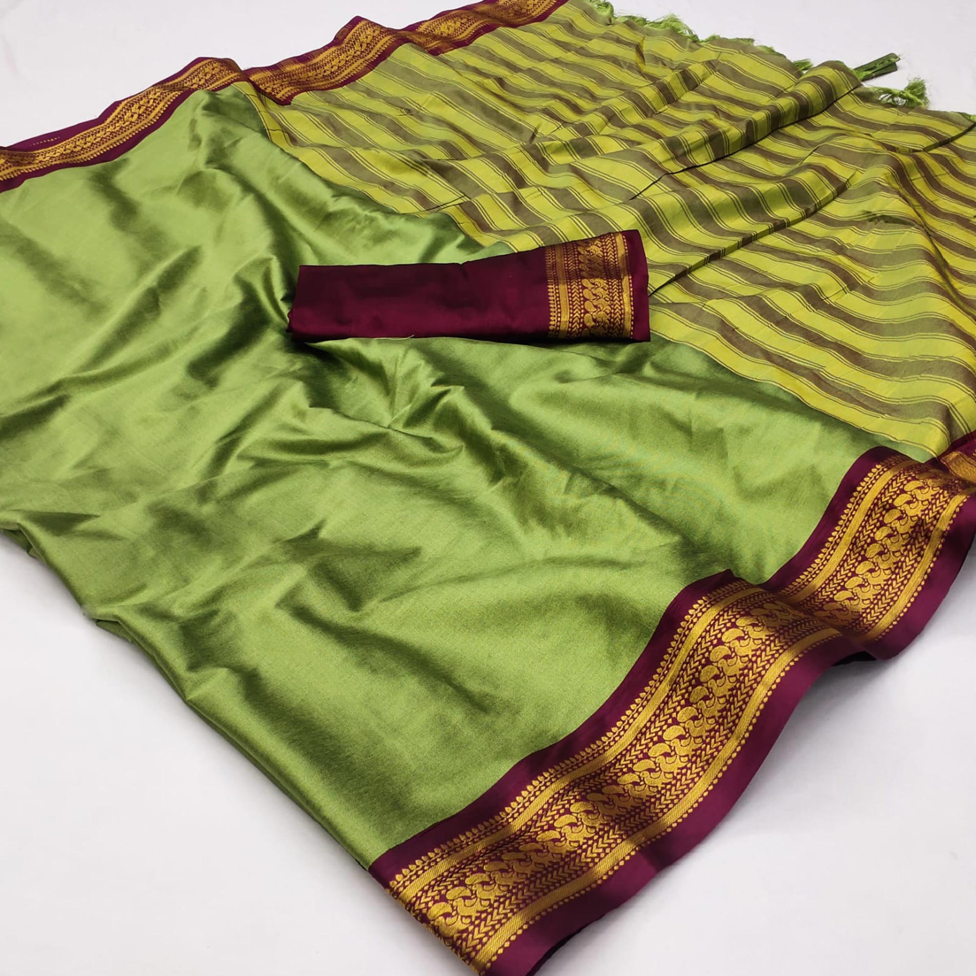 Olive Green Solid Cotton Silk Saree With Jacquard Border