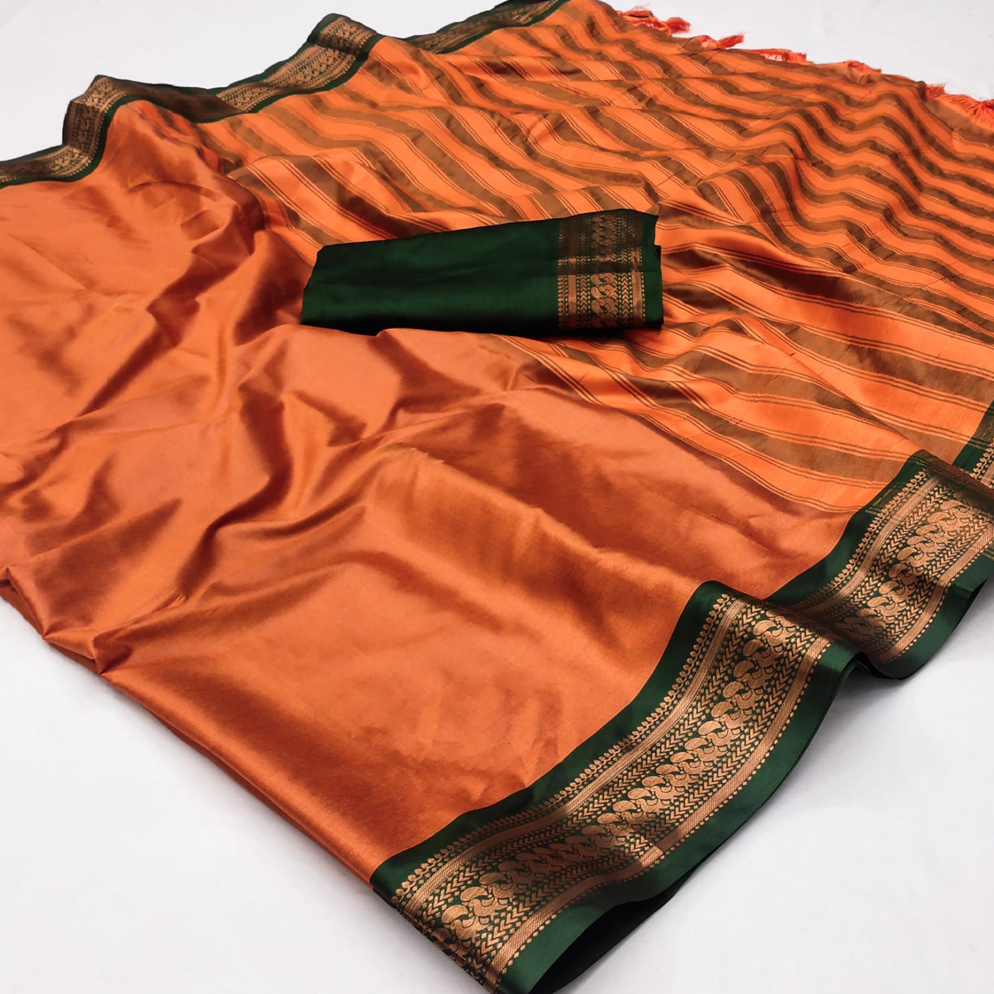 Orange Solid Cotton Silk Saree With Jacquard Border