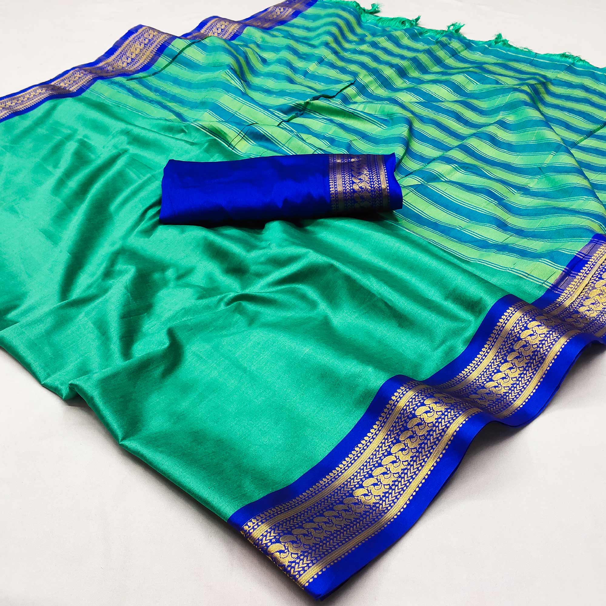 Rama Green Solid Cotton Silk Saree With Jacquard Border