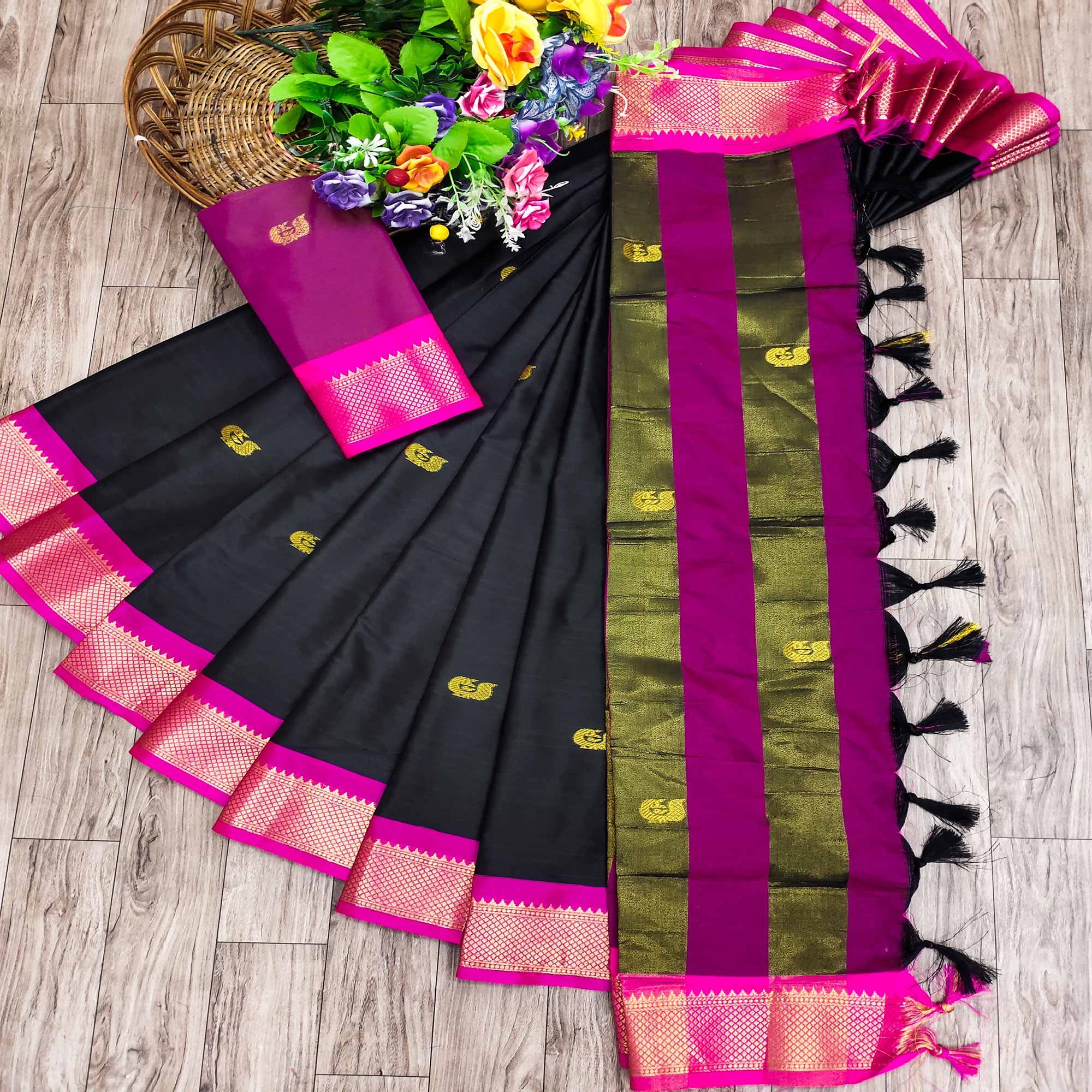 Black Butti Work Woven Cotton Silk Saree