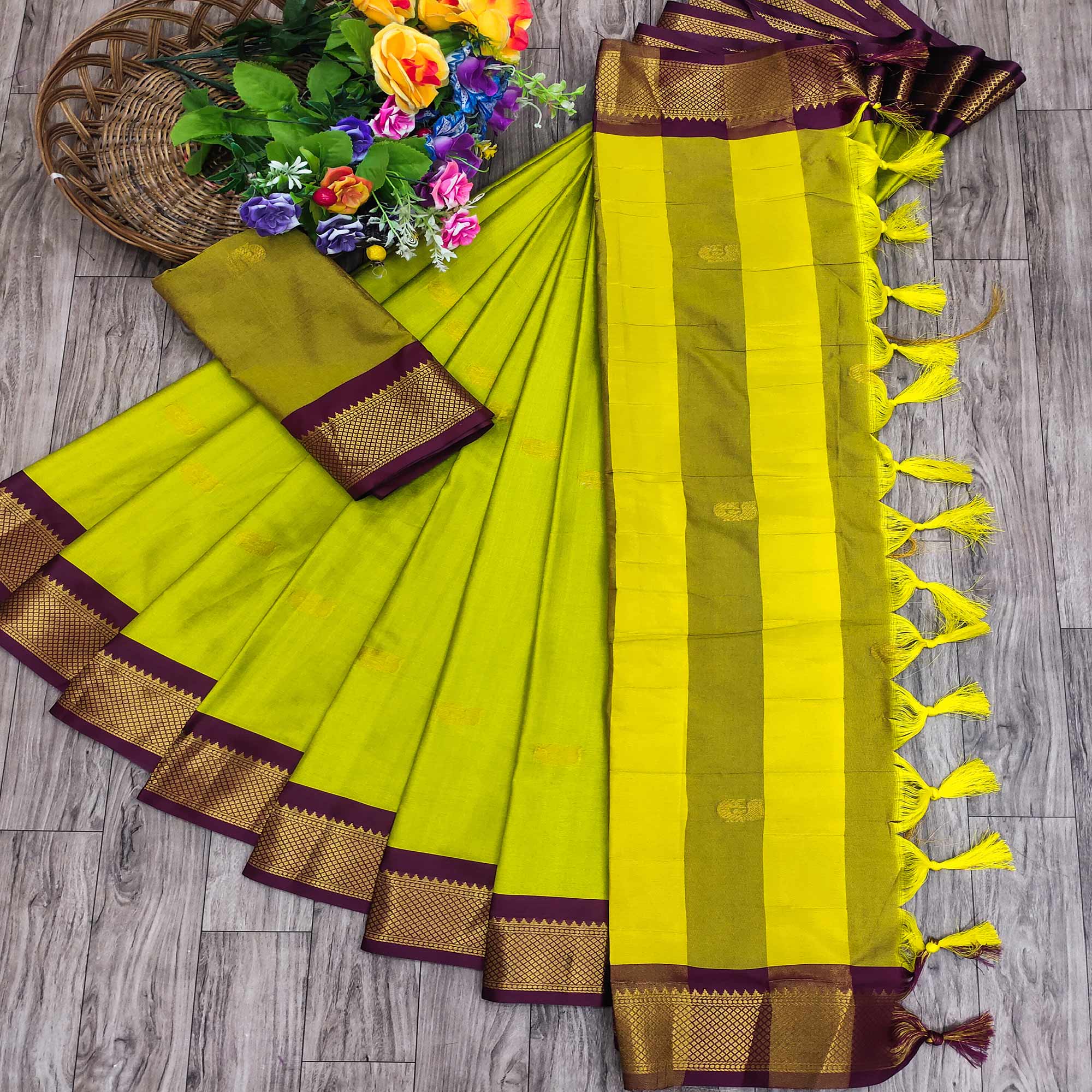 Lemon Green Butti Work Woven Cotton Silk Saree