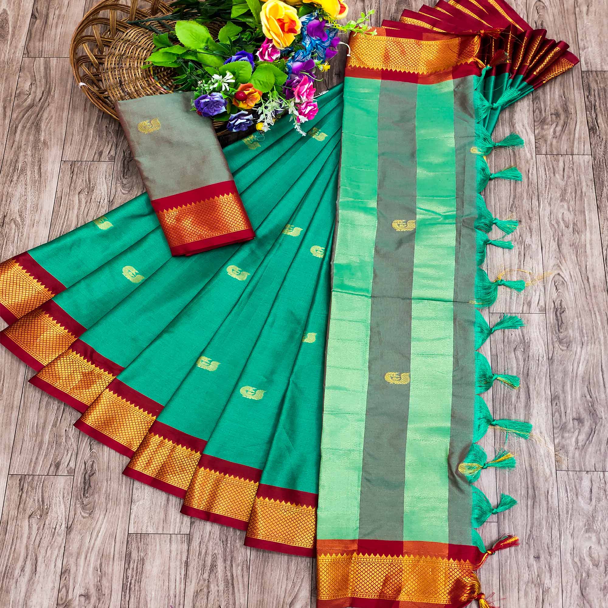 Rama Green Butti Work Woven Cotton Silk Saree