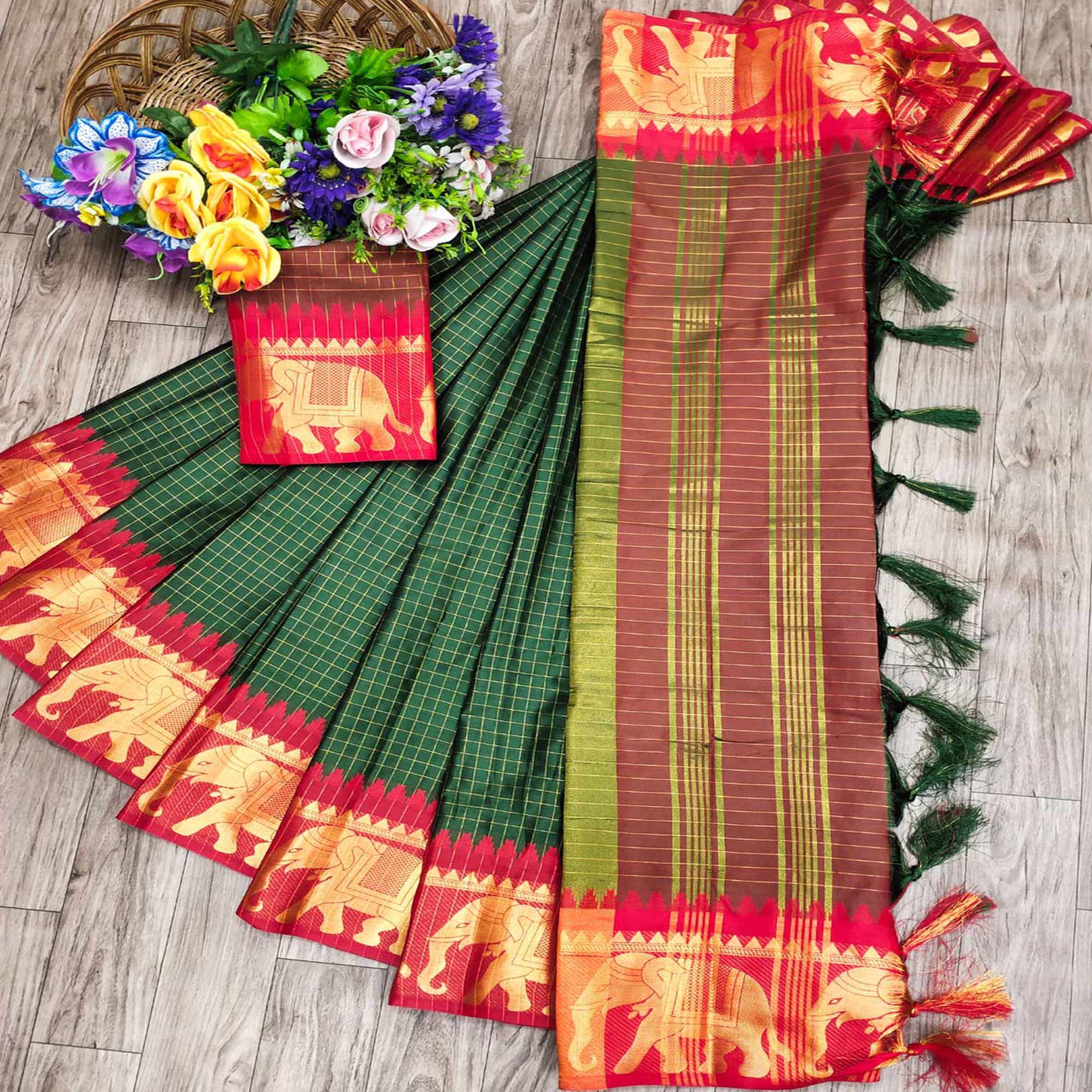 Bottle Green & Red Woven Cotton Silk Saree With Tassels