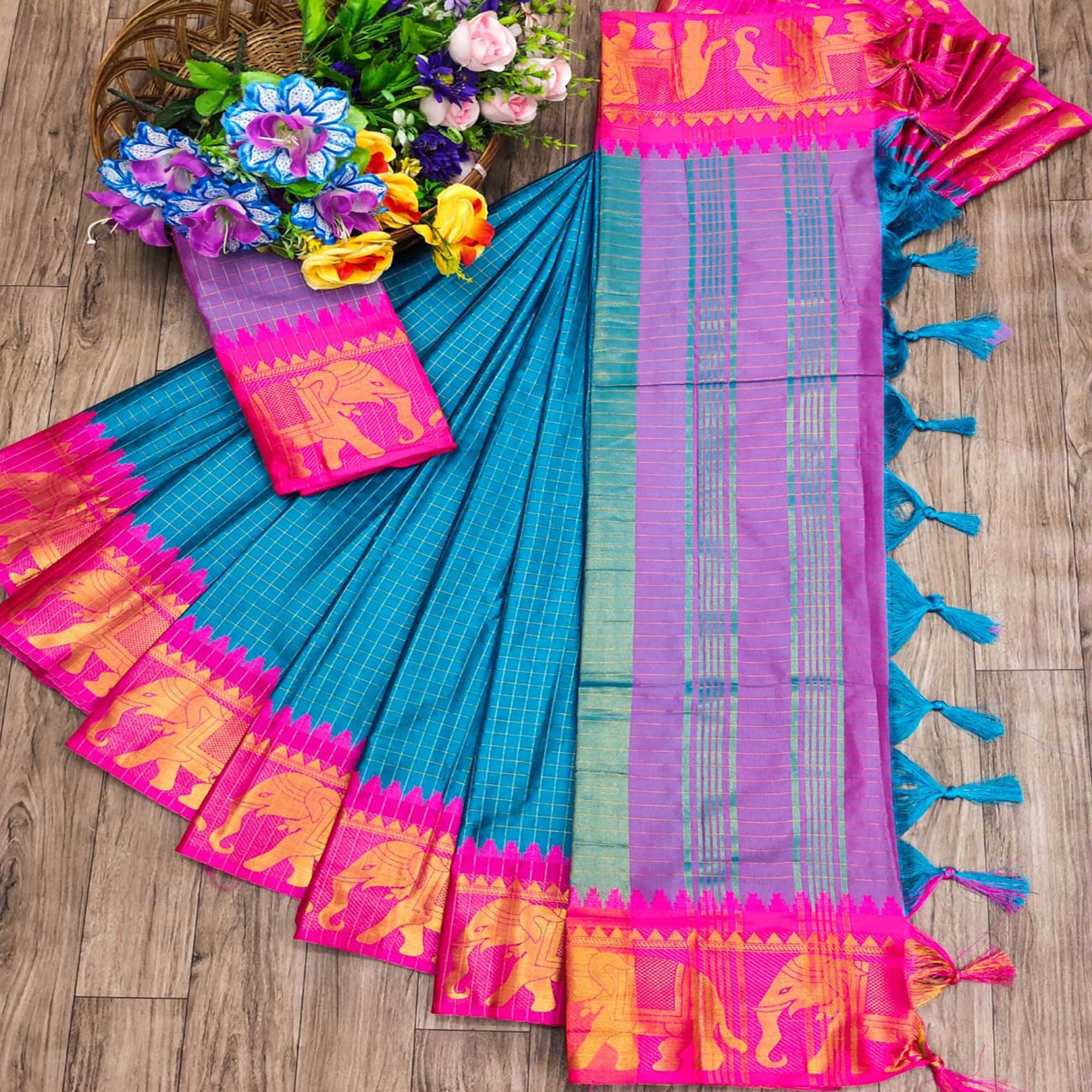 Blue & Pink Woven Cotton Silk Saree With Tassels