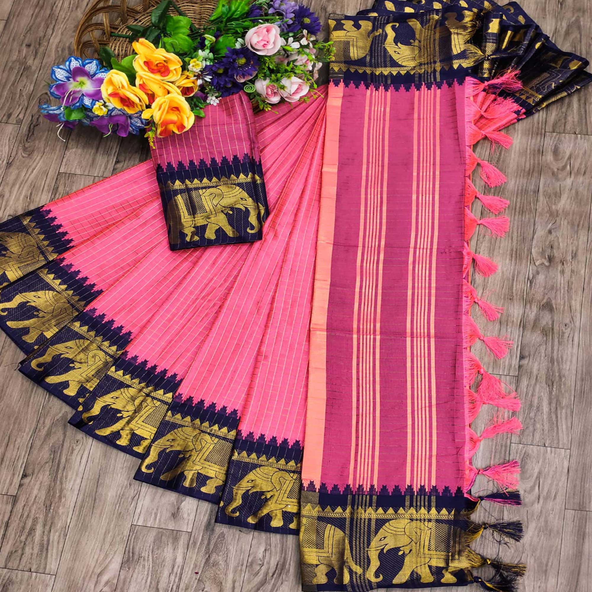 Gajari Pink & Navy Blue Woven Cotton Silk Saree With Tassels