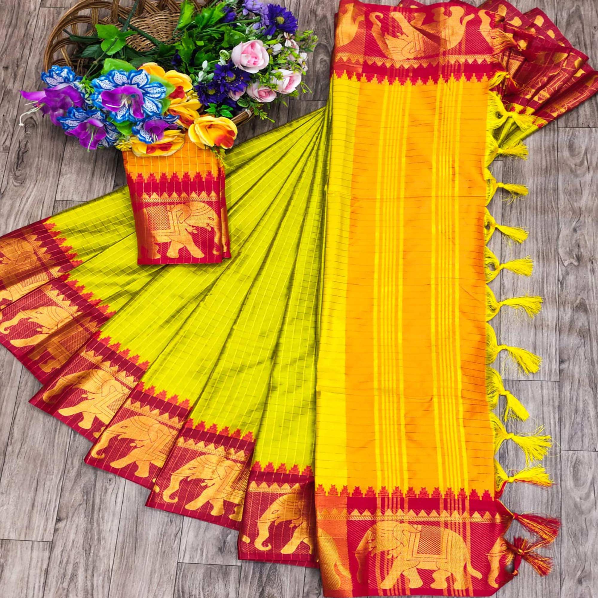 Lemon Yellow & Red Woven Cotton Silk Saree With Tassels