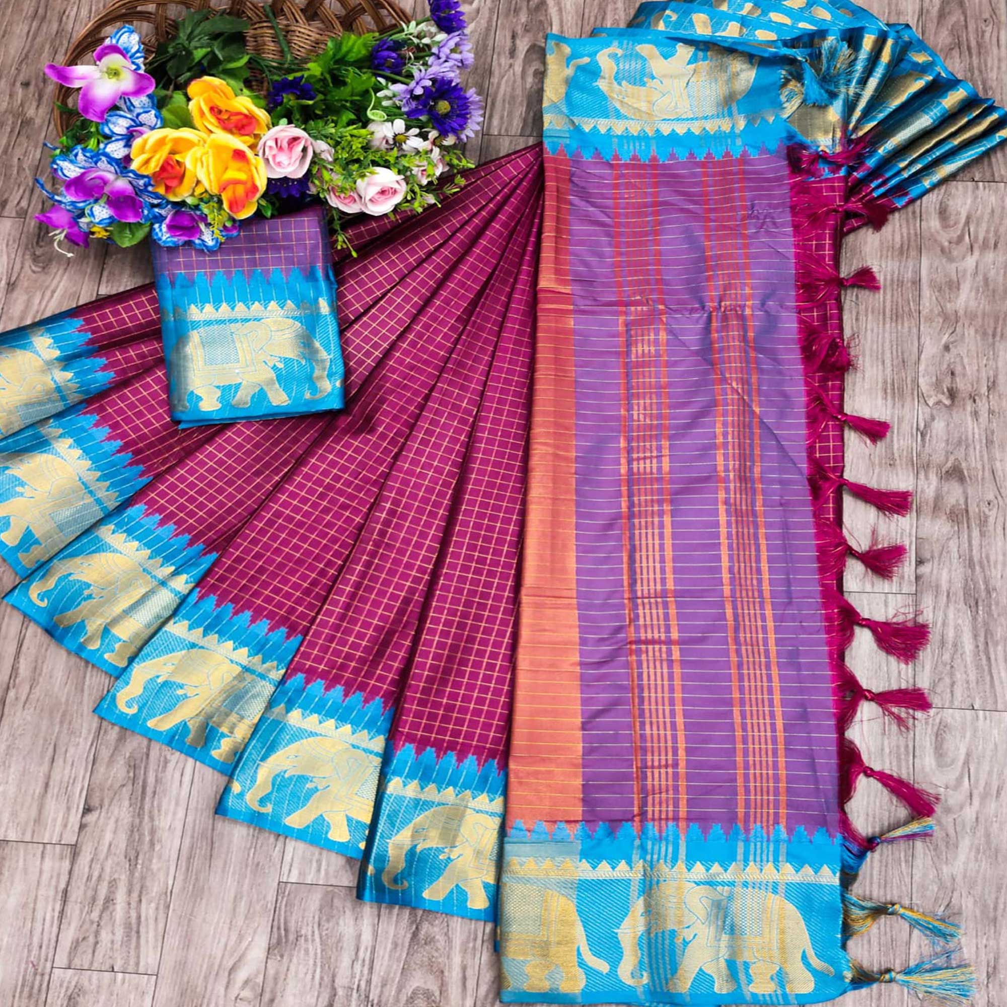 Magenta & Blue Woven Cotton Silk Saree With Tassels