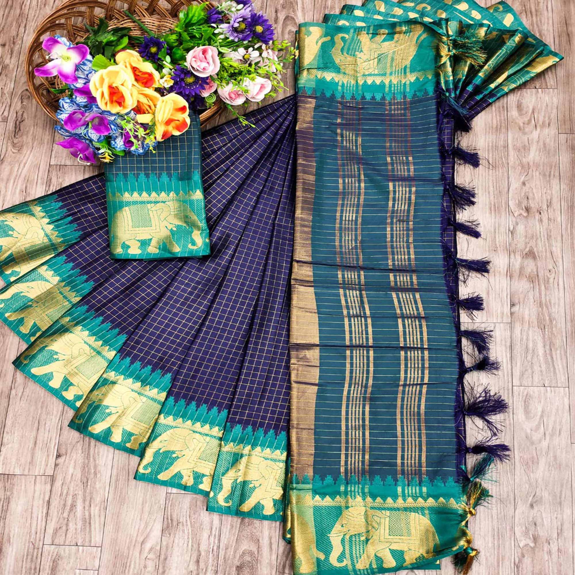 Navy Blue & Ram Green Woven Cotton Silk Saree With Tassels