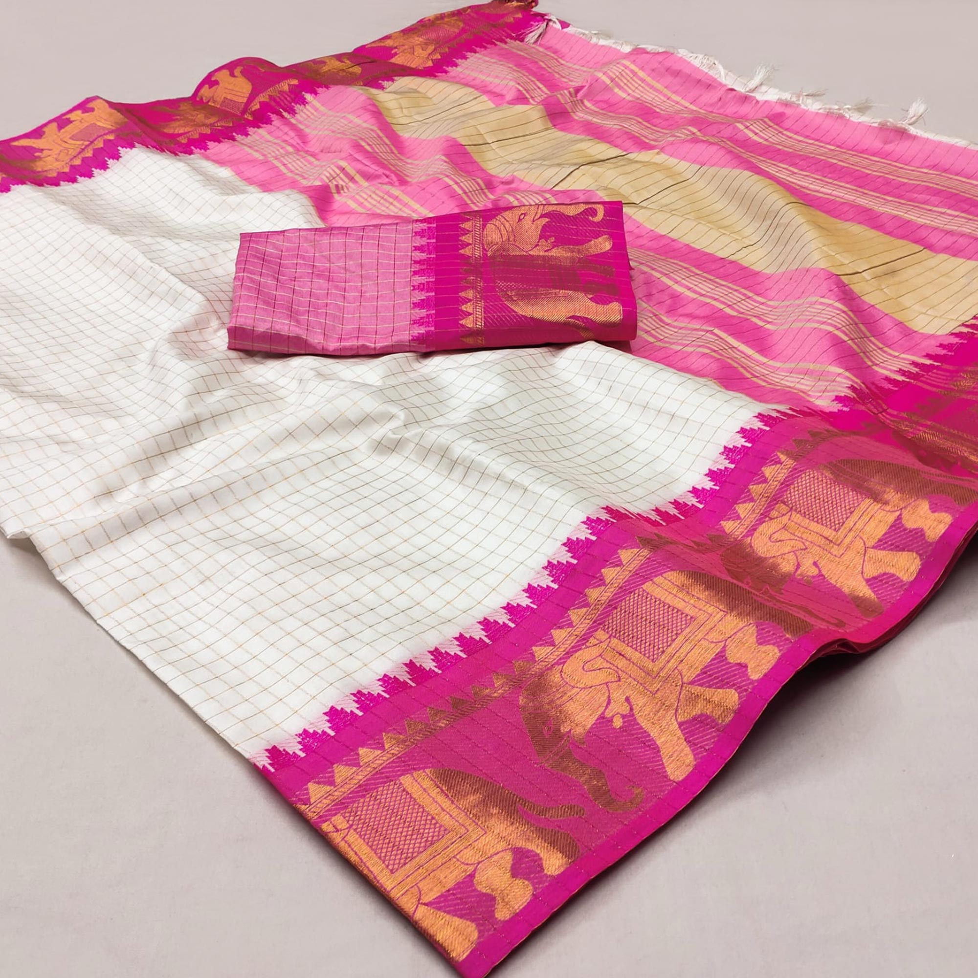 White & Rani Pink Woven Cotton Silk Saree With Tassels