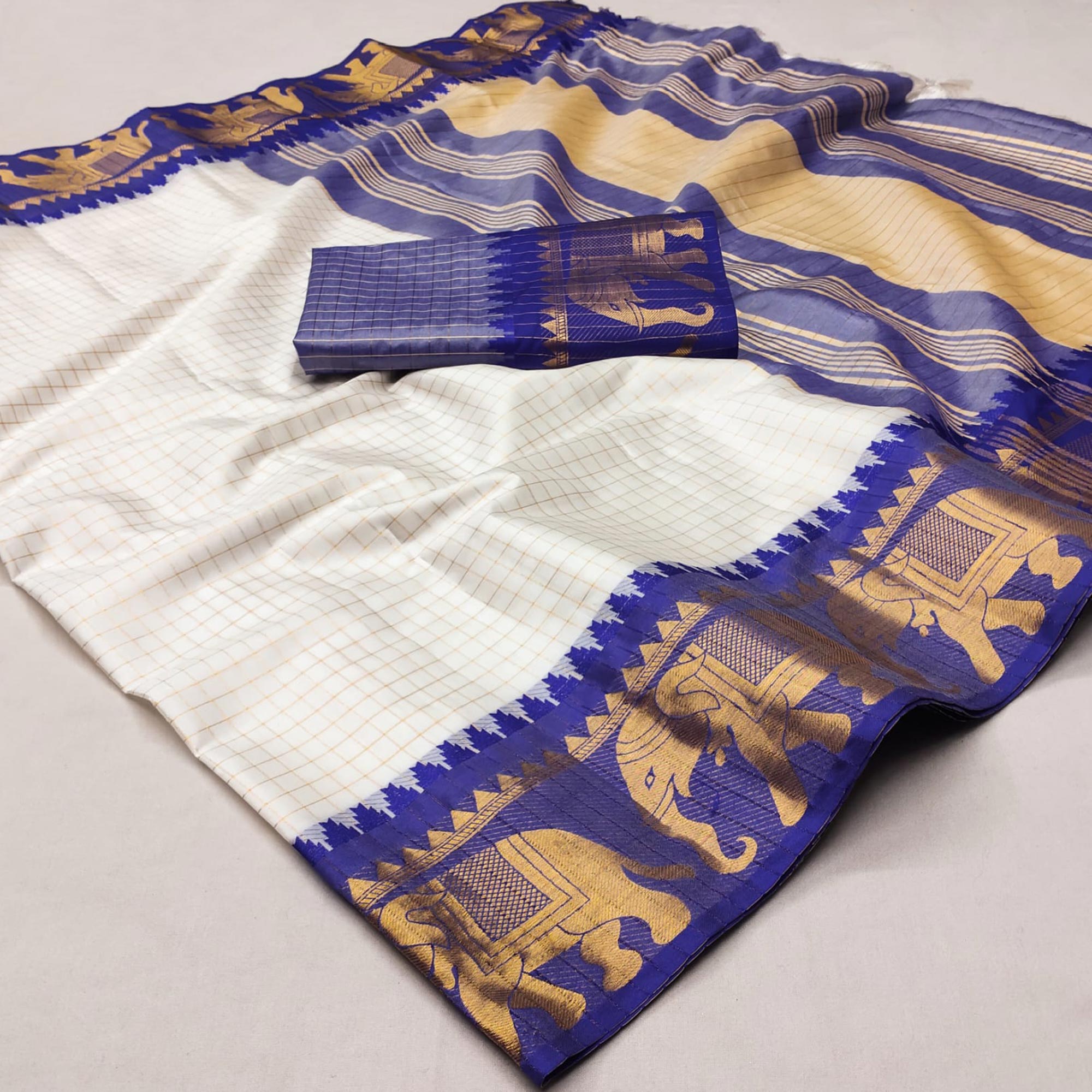 White & Rama Blue Woven Cotton Silk Saree With Tassels