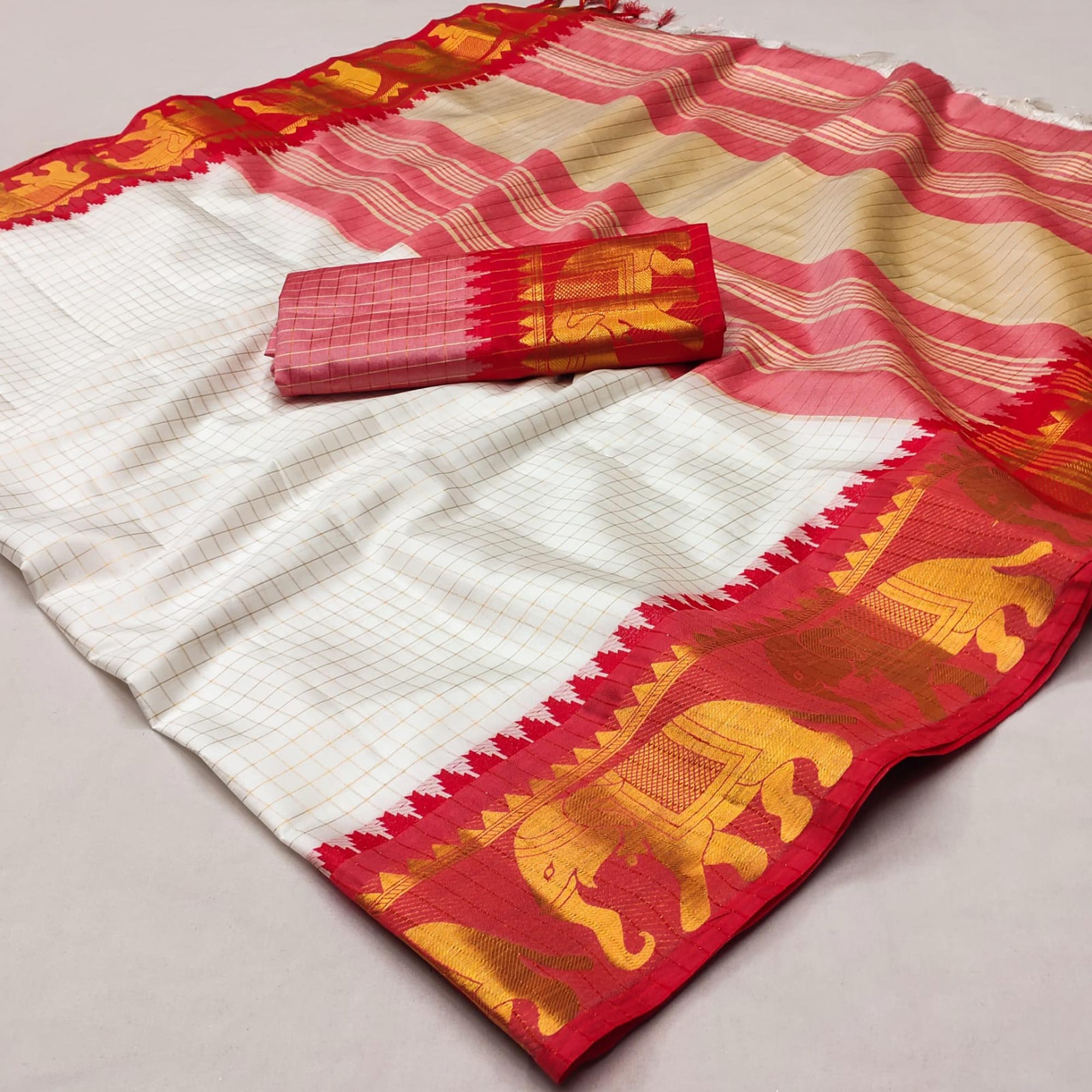 White & Red Woven Cotton Silk Saree With Tassels