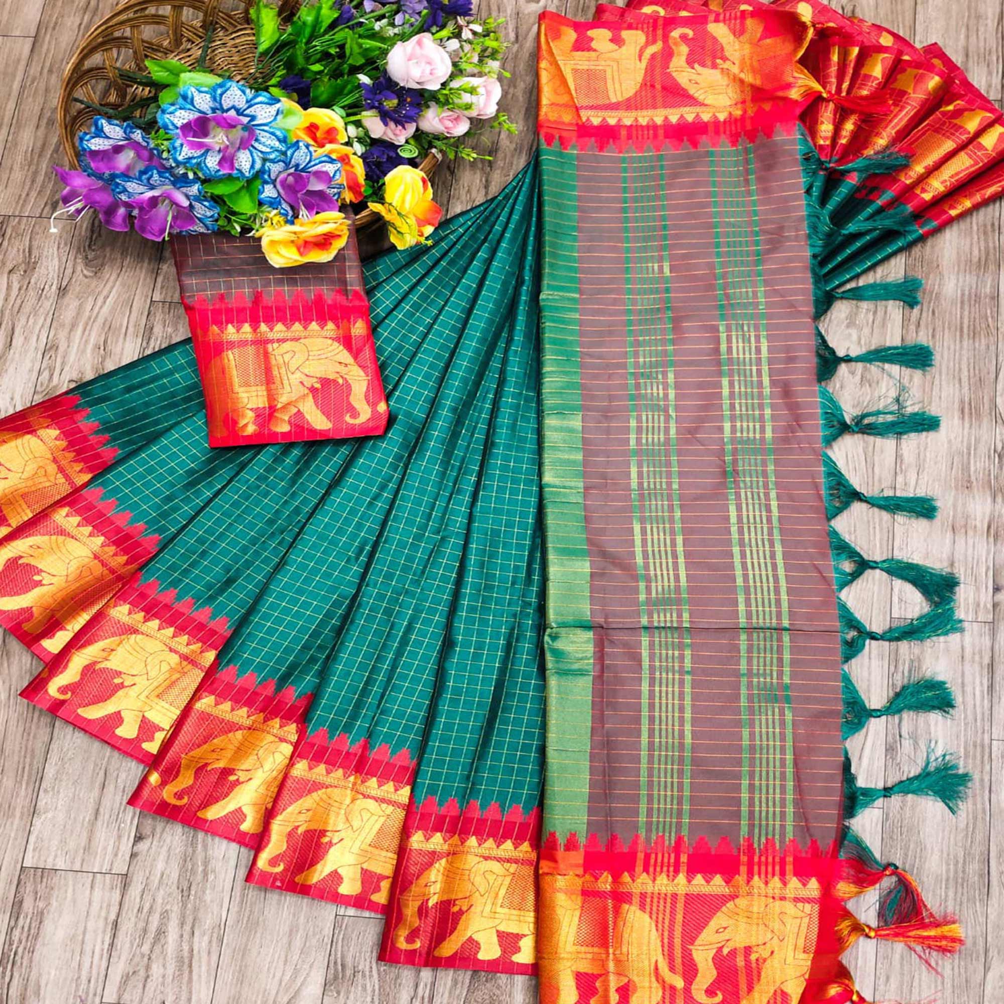 Teal & Red Woven Cotton Silk Saree With Tassels