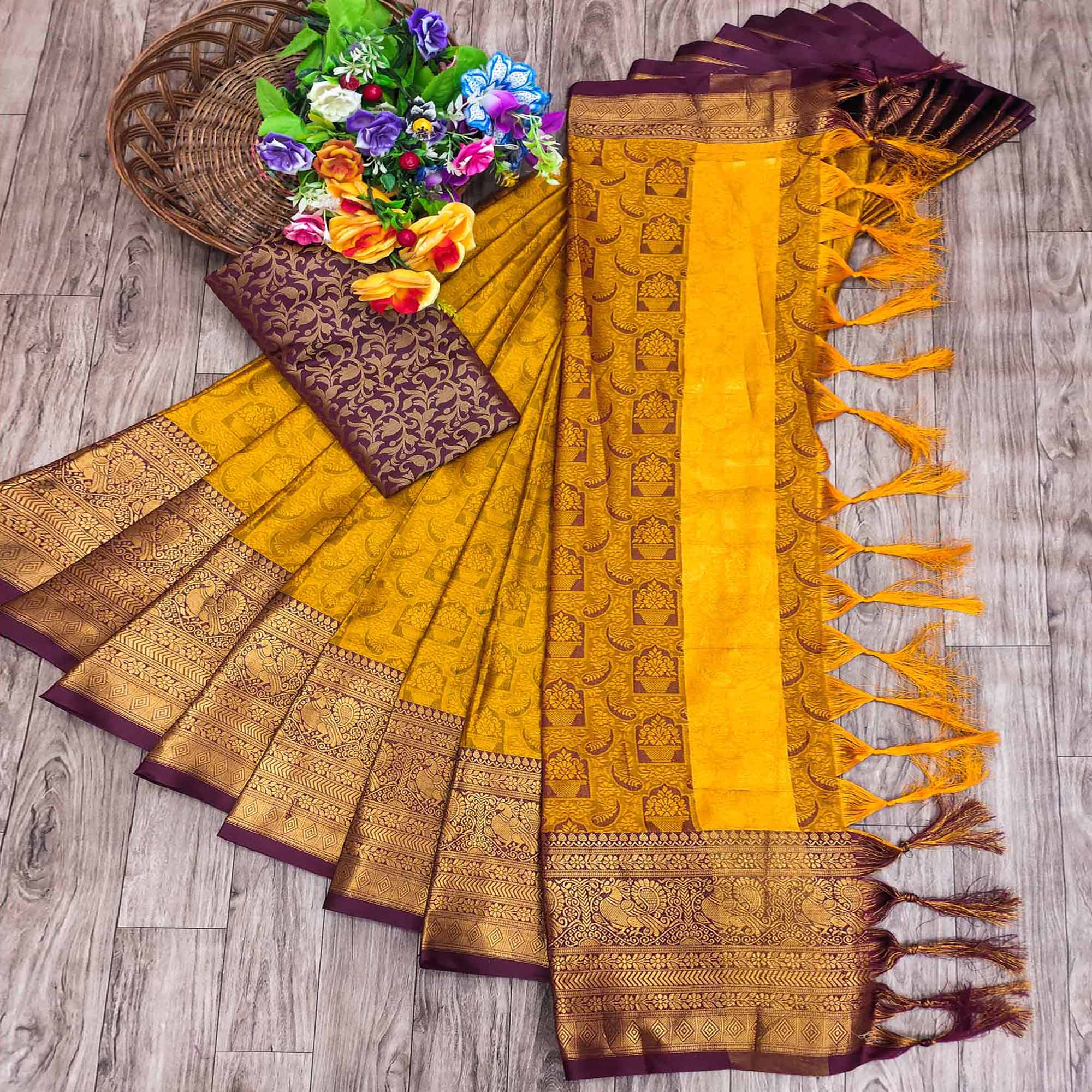 Mustard Woven Cotton Silk Saree With Tassels