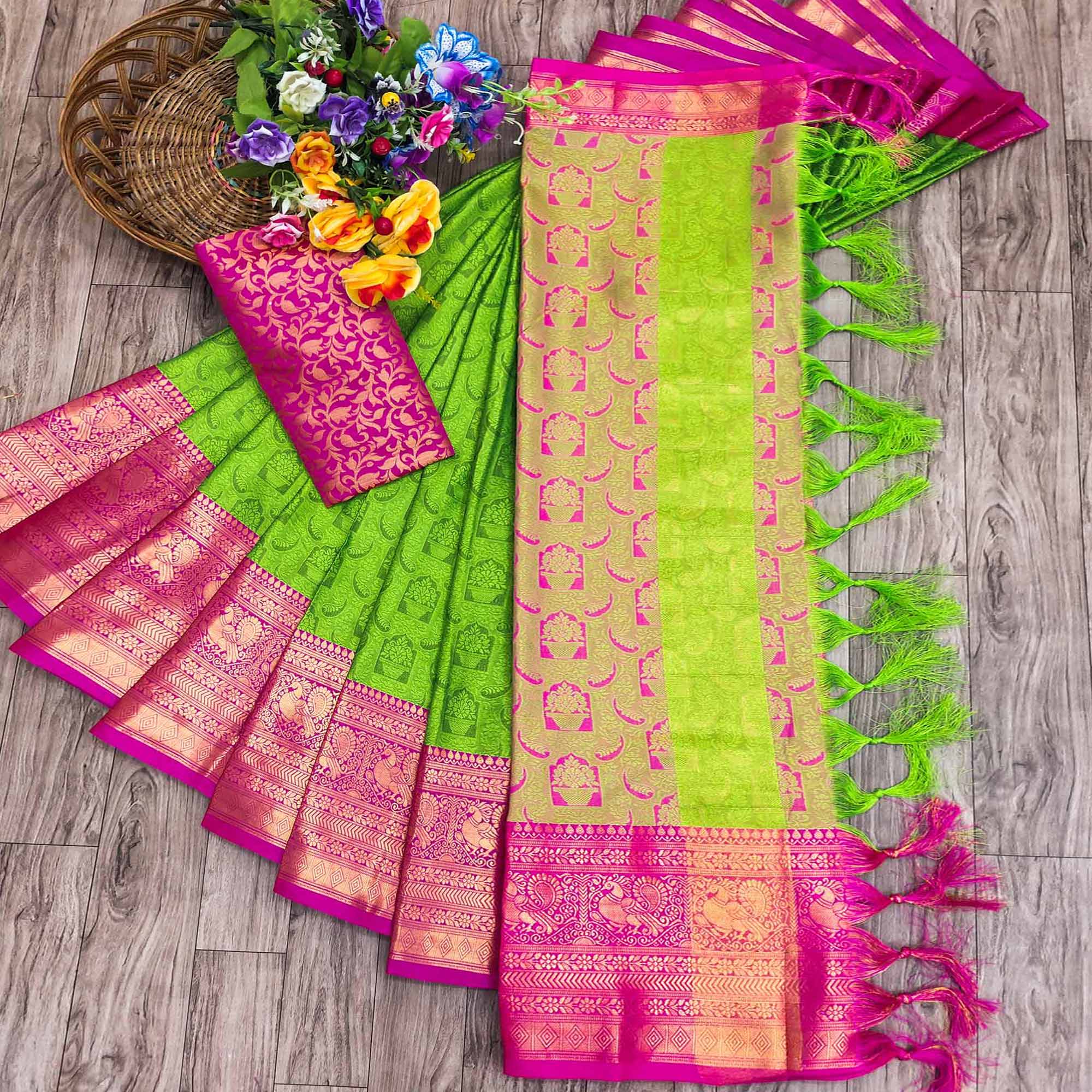 Parrot Green Woven Cotton Silk Saree With Tassels