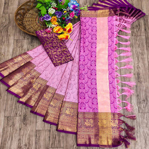 Pink Woven Cotton Silk Saree With Tassels