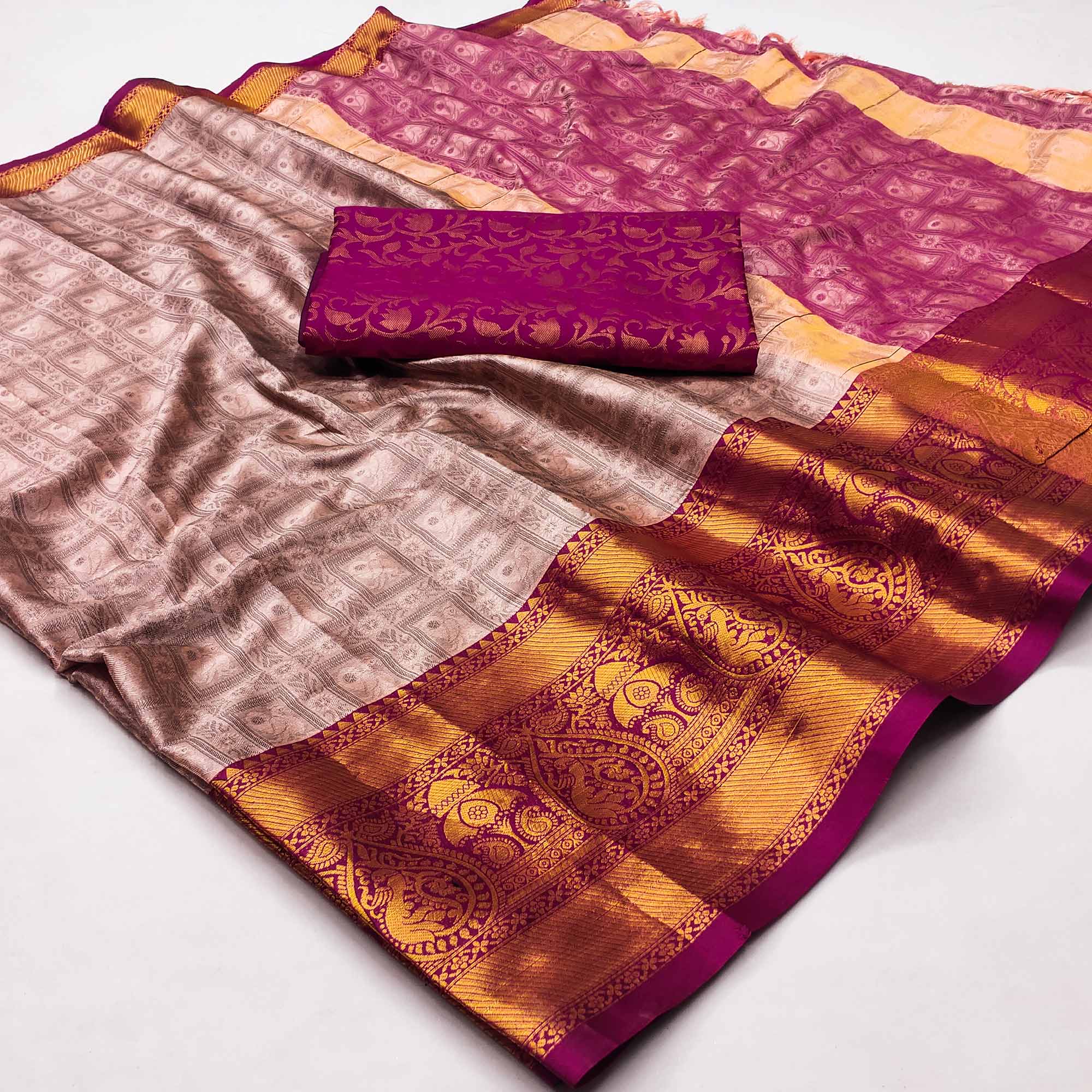 Pink Woven Cotton Silk Saree With Tassels