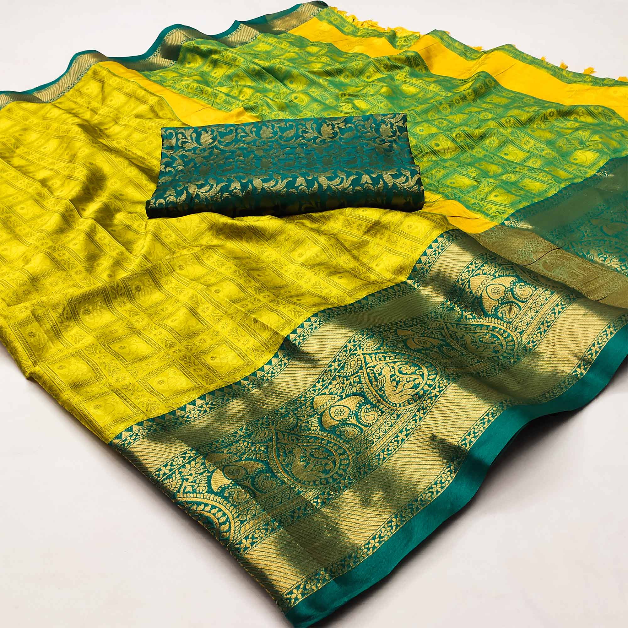Lemon Yellow & Rama Woven Cotton Silk Saree With Tassels