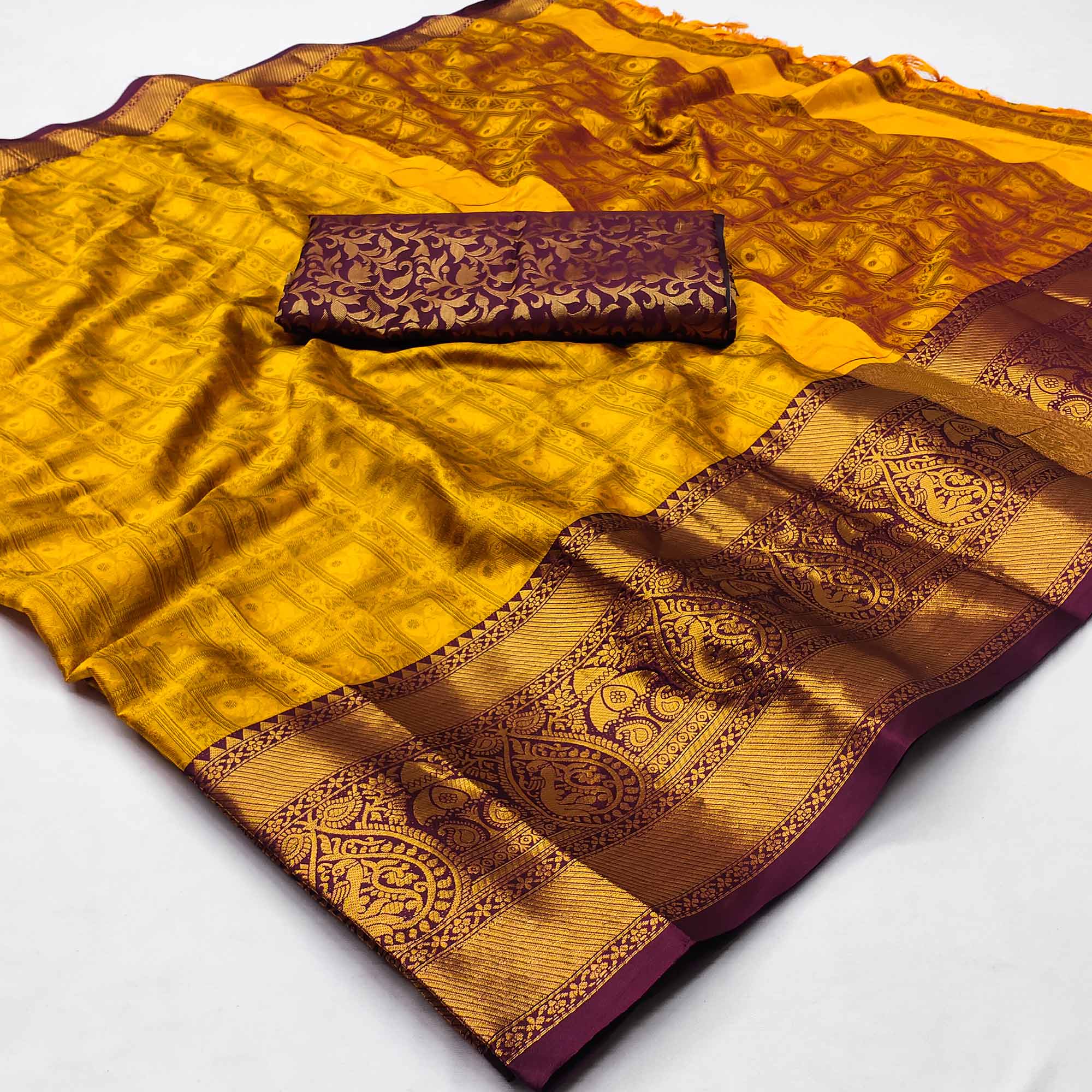 Mustard Woven Cotton Silk Saree With Tassels