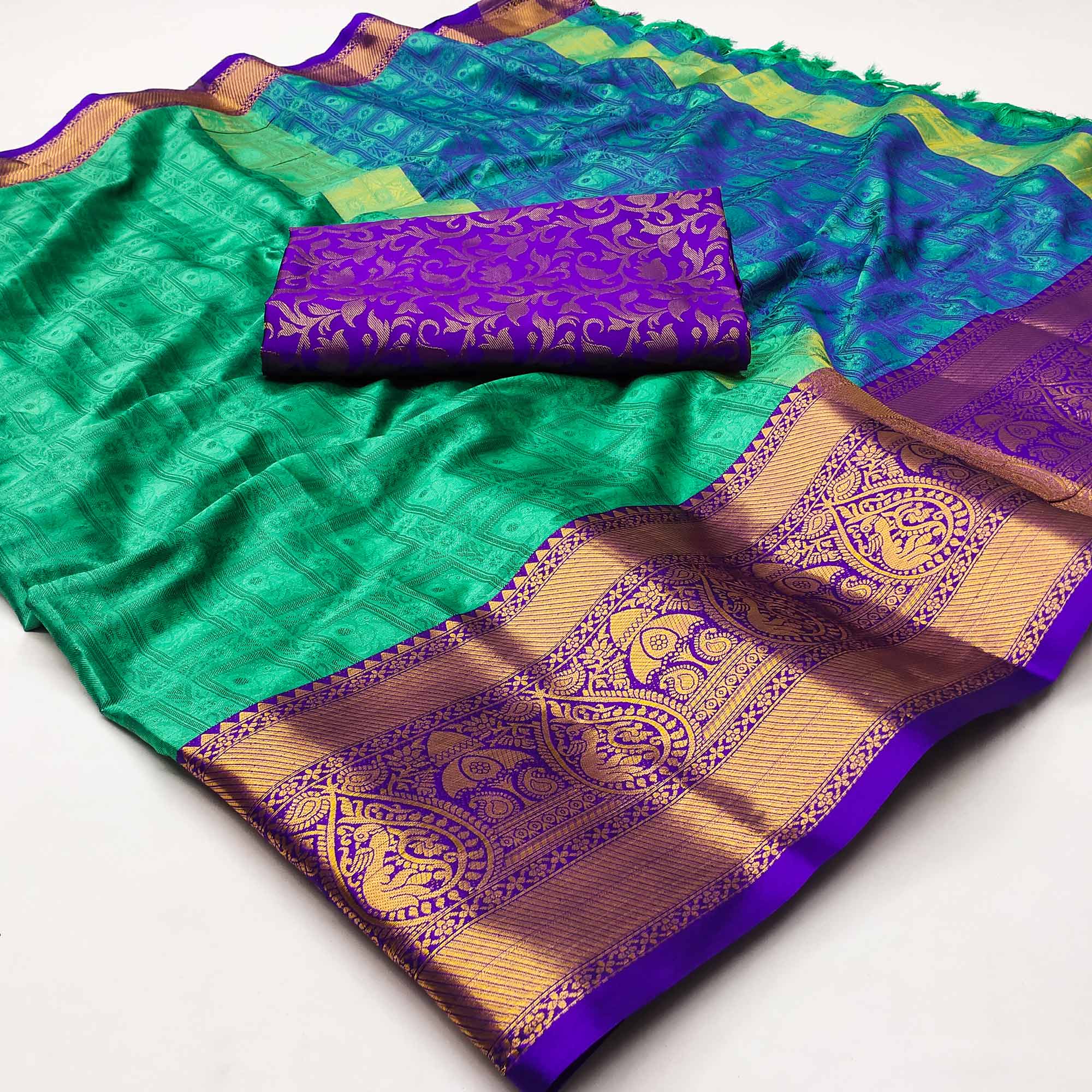 Sea Green Woven Cotton Silk Saree With Tassels