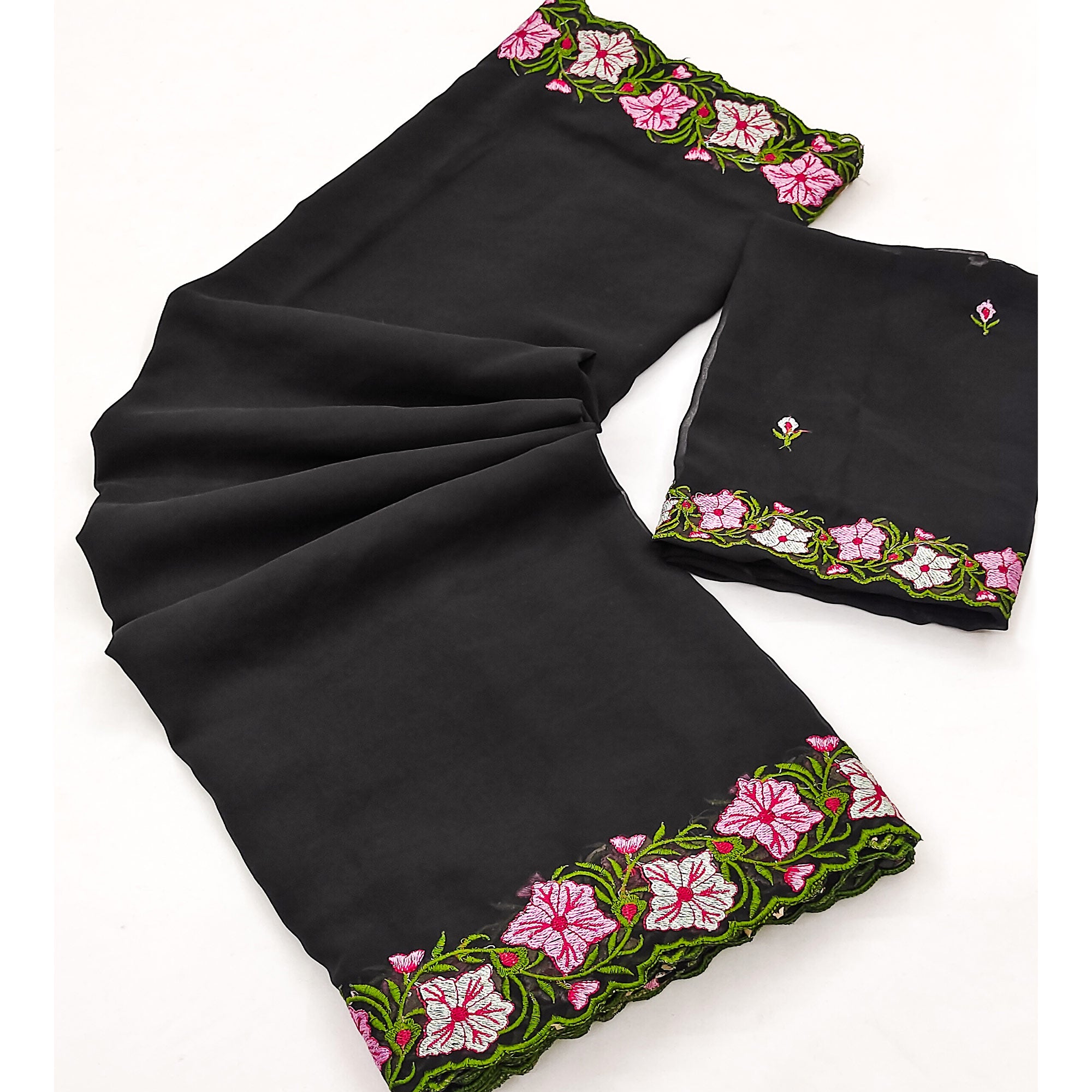 Black Faux Georgette Saree Featuring Minimalist Floral Border Embroidery