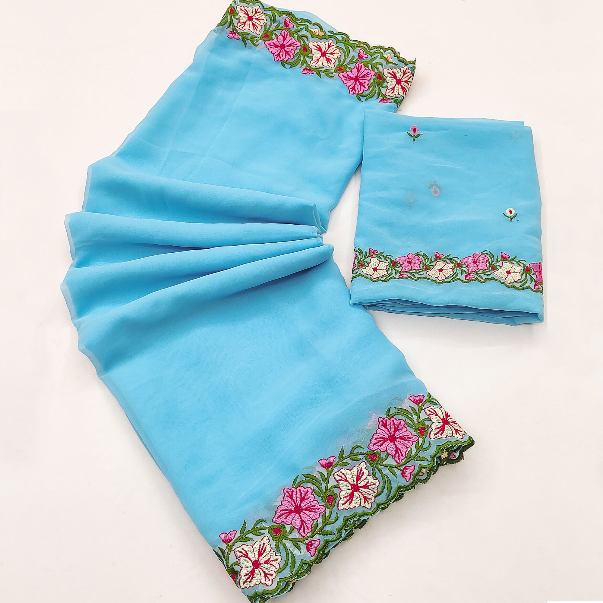 Blue Faux Georgette Saree Featuring Minimalist Floral Border Embroidery