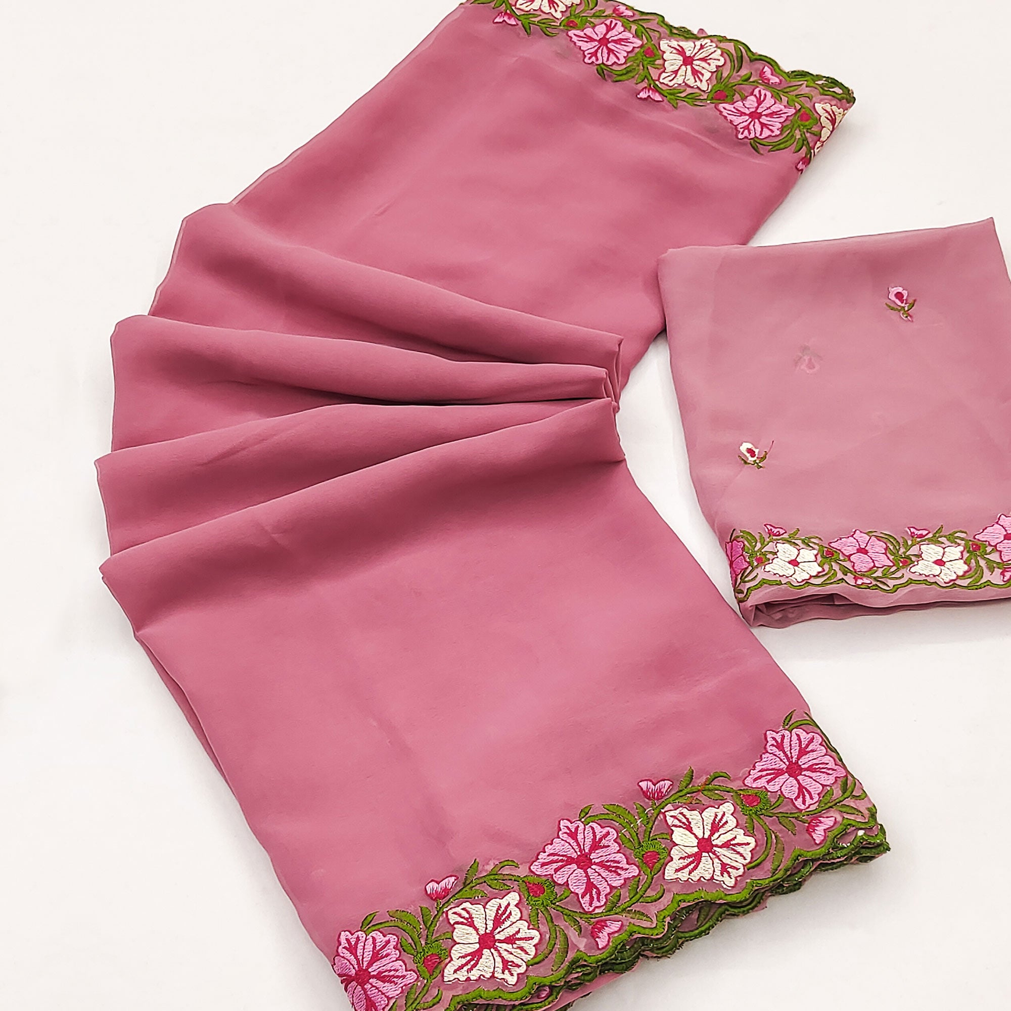 Pink Faux Georgette Saree Featuring Minimalist Floral Border Embroidery