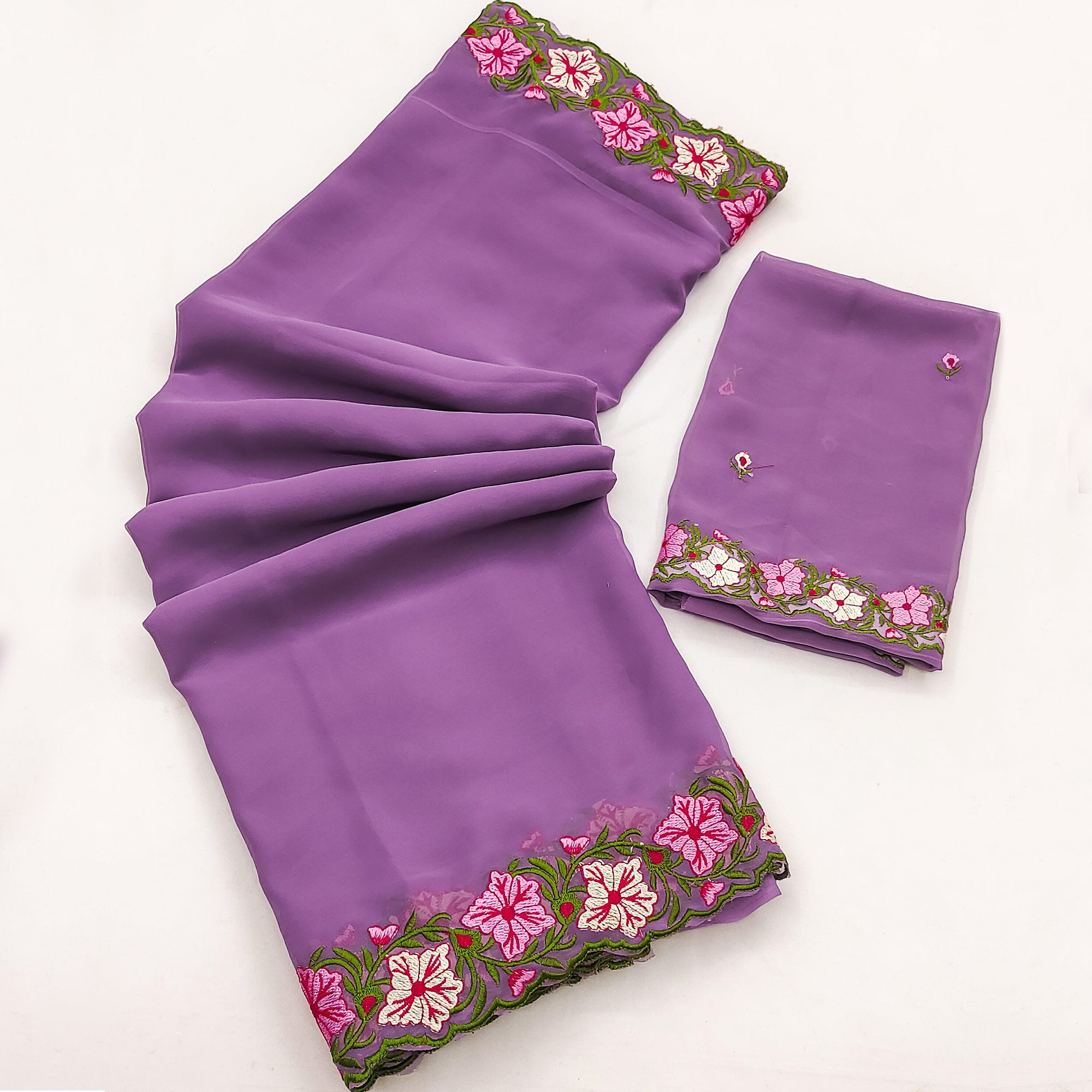 Purple Faux Georgette Saree Featuring Minimalist Floral Border Embroidery