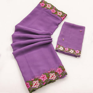 Purple Faux Georgette Saree Featuring Minimalist Floral Border Embroidery