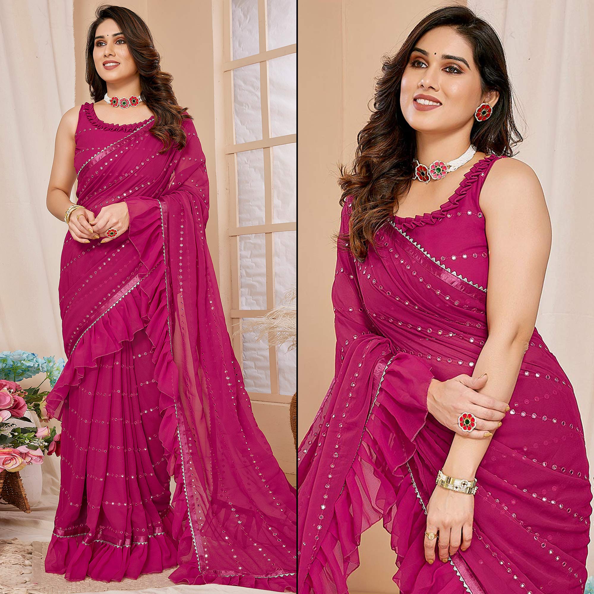 Pink Embroidered Georgette Ruffle Saree