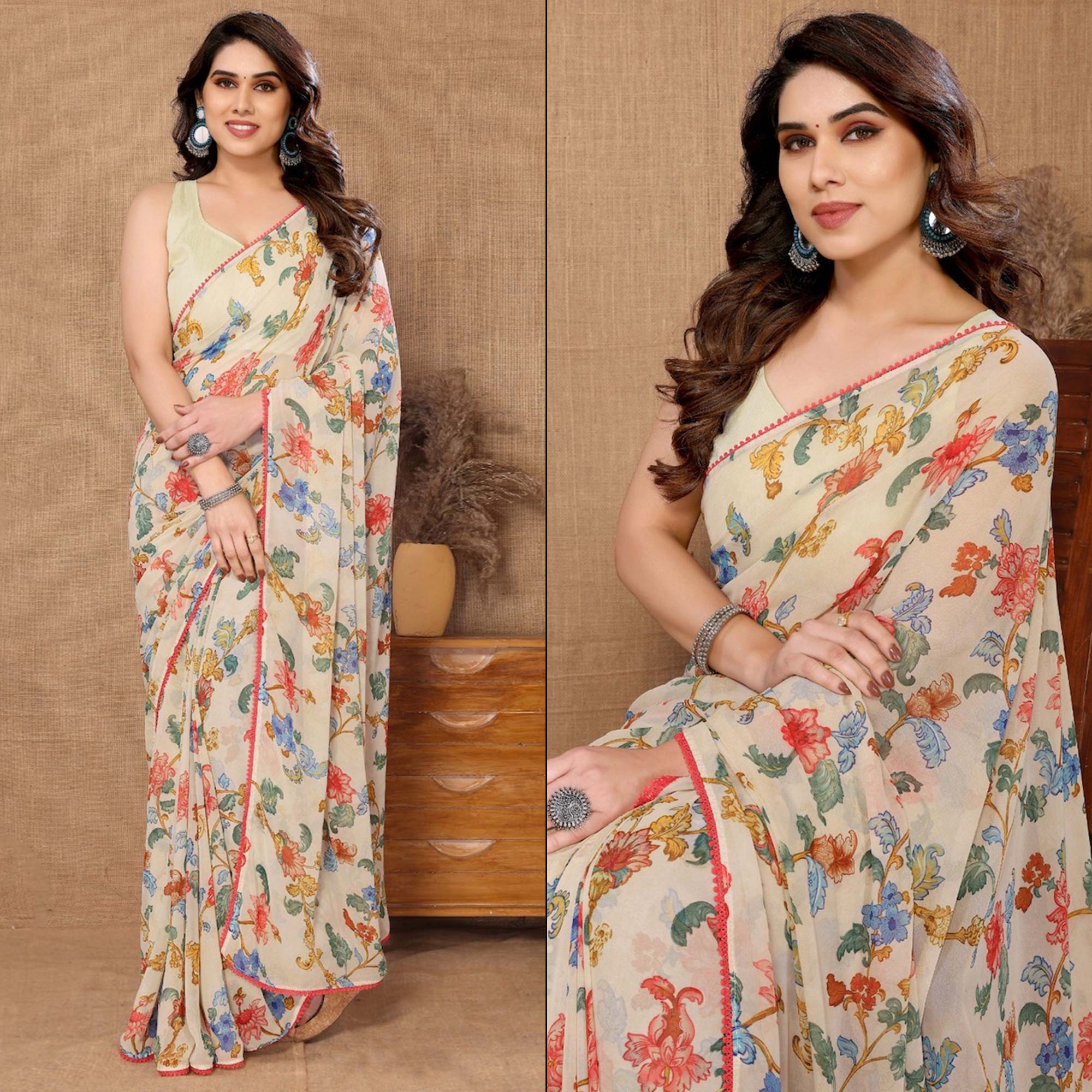 Beige Floral Printed Ready To Wear Georgette Saree