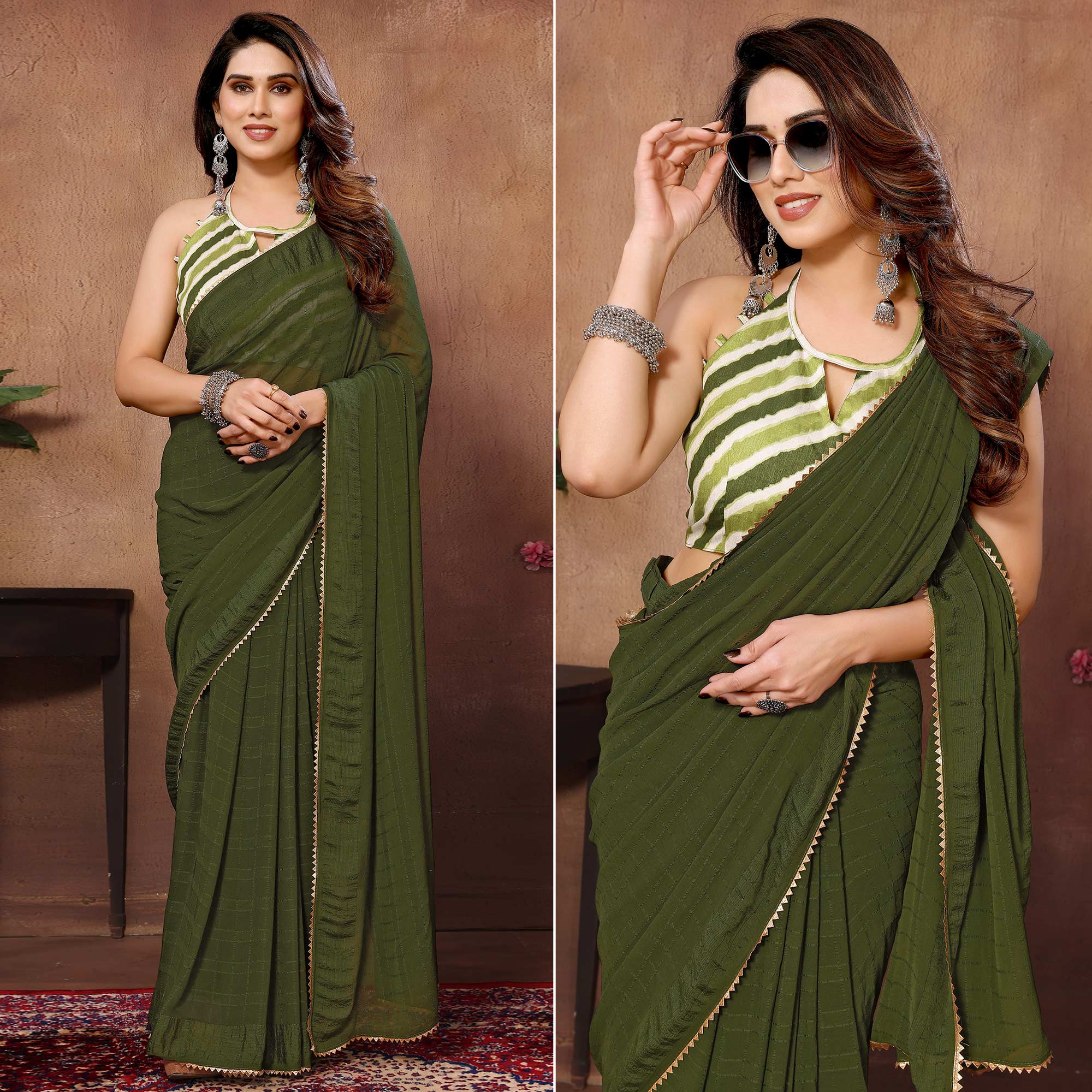 Green Woven Checks Ready To Wear Georgette Saree