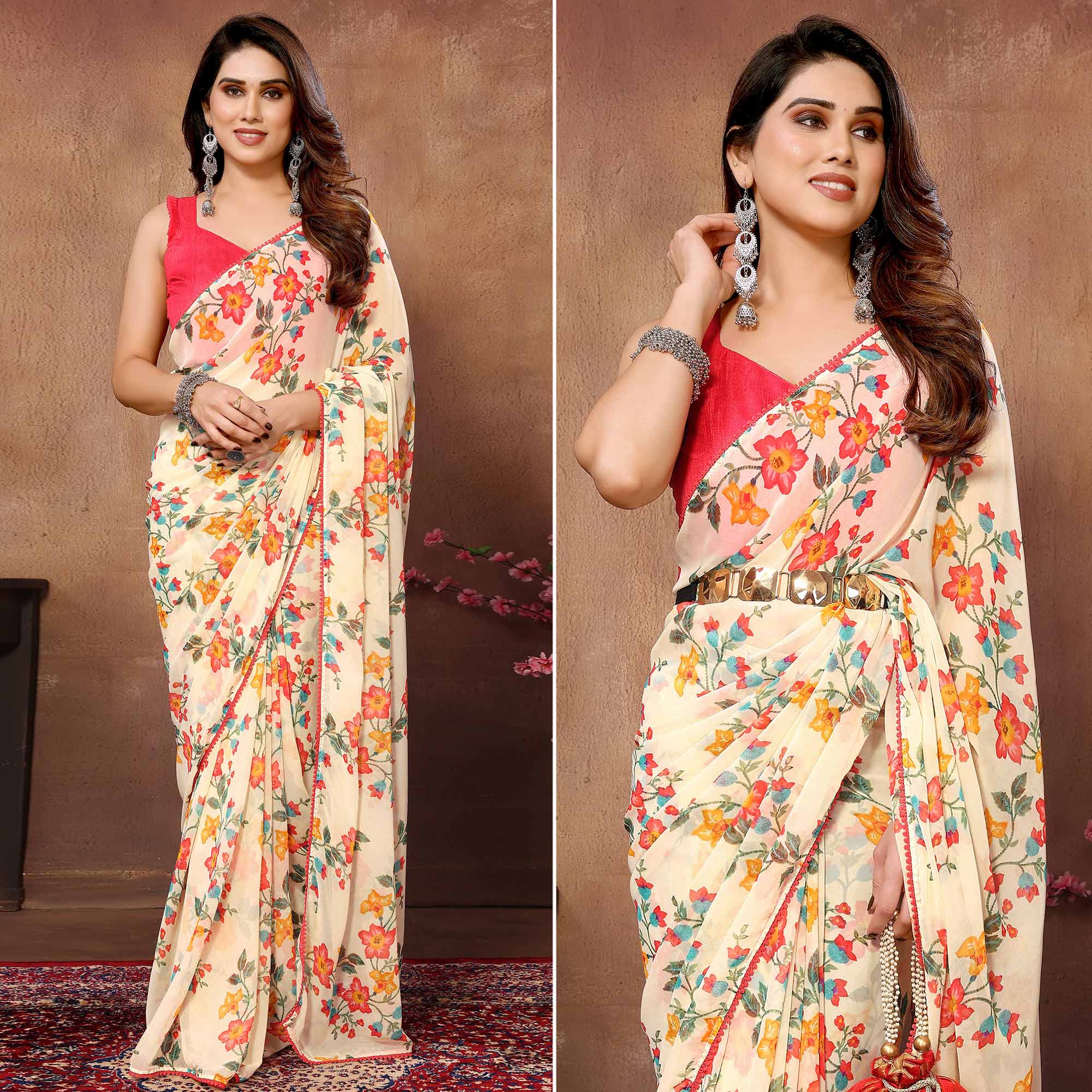 Cream Floral Printed Ready To Wear Georgette Saree
