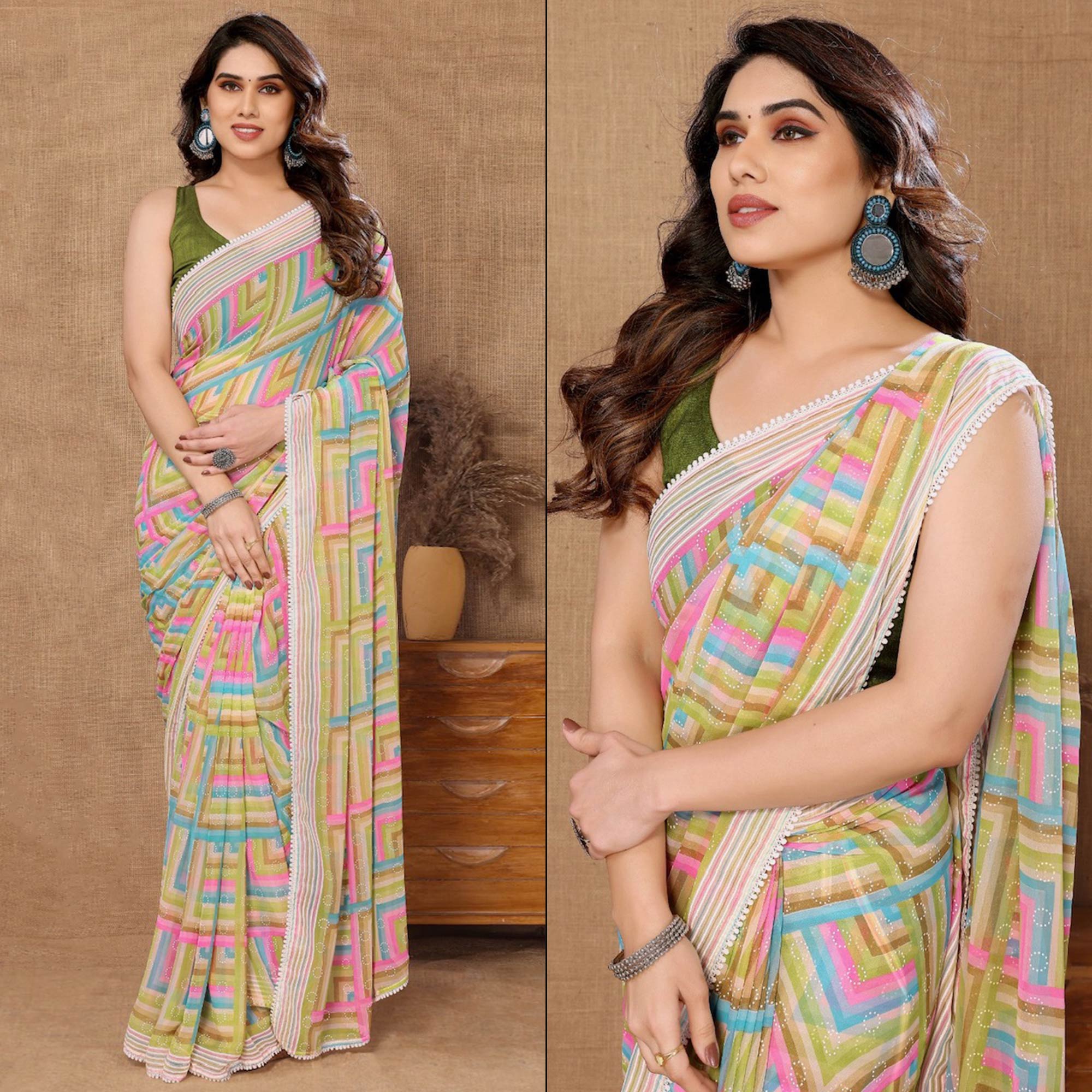 Green Geometric Printed Ready To Wear Georgette Saree