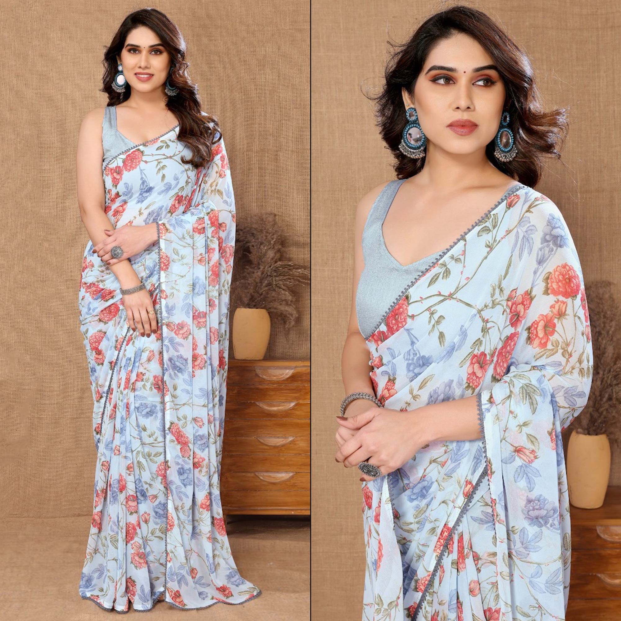 Light Blue Floral Printed Ready To Wear Georgette Saree