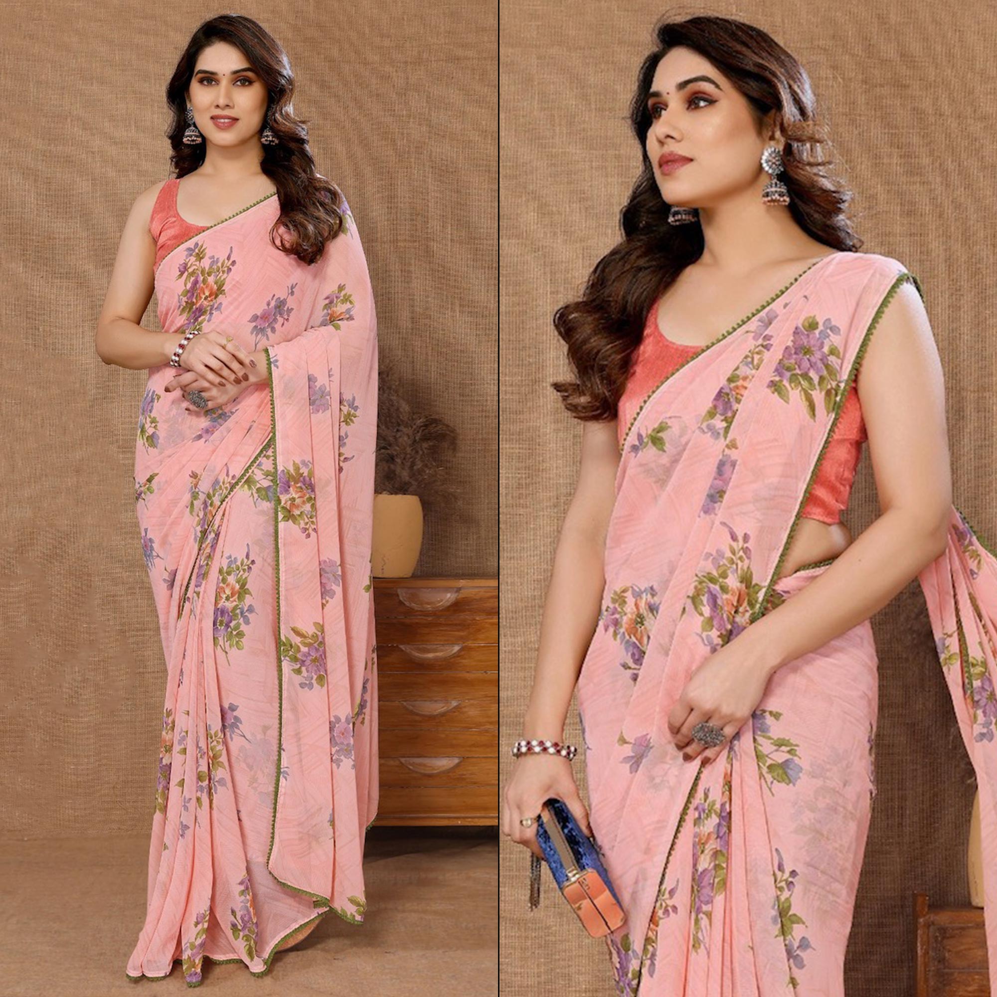 Peach Floral Printed Ready To Wear Georgette Saree