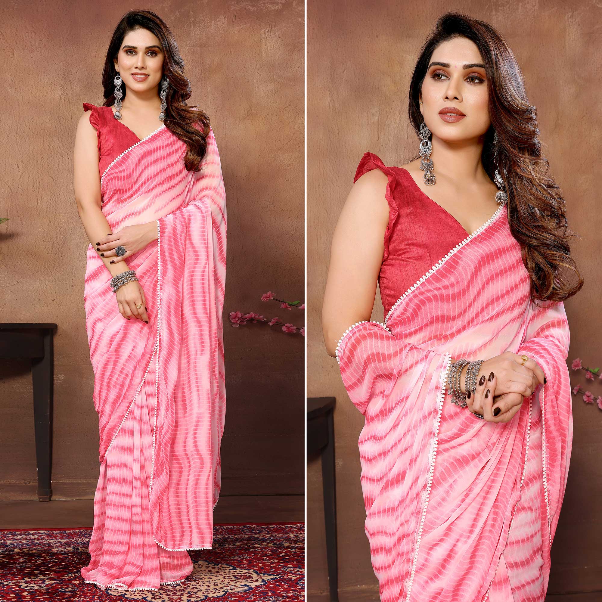 Pink Printed Ready To Wear Georgette Saree