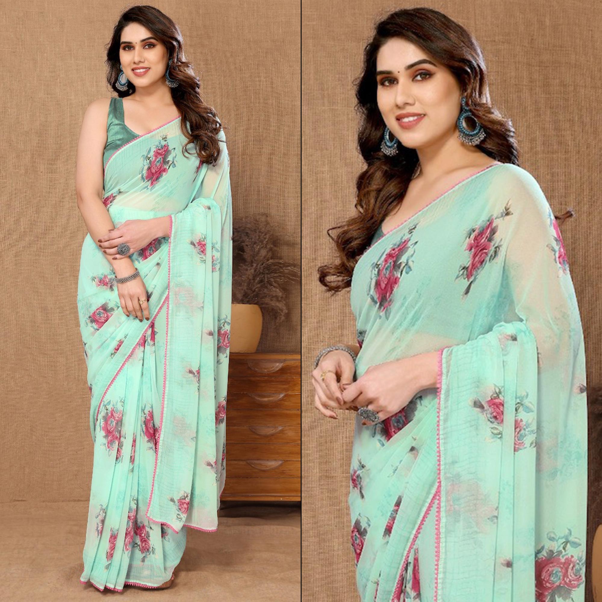 Turquoise Floral Printed Ready To Wear Georgette Saree