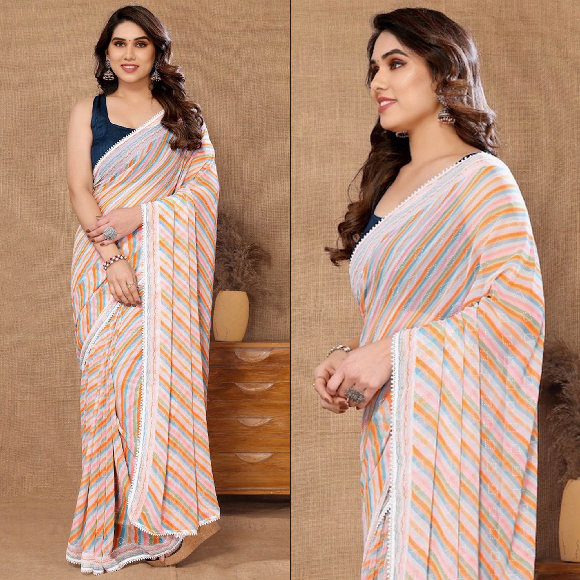 White & Orange Striped Printed Ready To Wear Georgette Saree